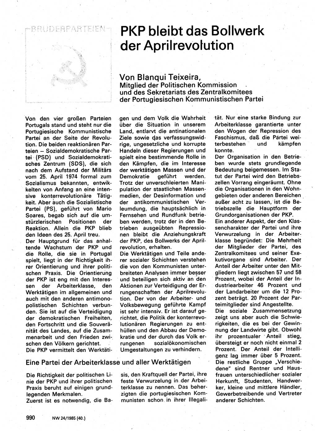 Neuer Weg (NW), Organ des Zentralkomitees (ZK) der SED (Sozialistische Einheitspartei Deutschlands) für Fragen des Parteilebens, 40. Jahrgang [Deutsche Demokratische Republik (DDR)] 1985, Seite 990 (NW ZK SED DDR 1985, S. 990)