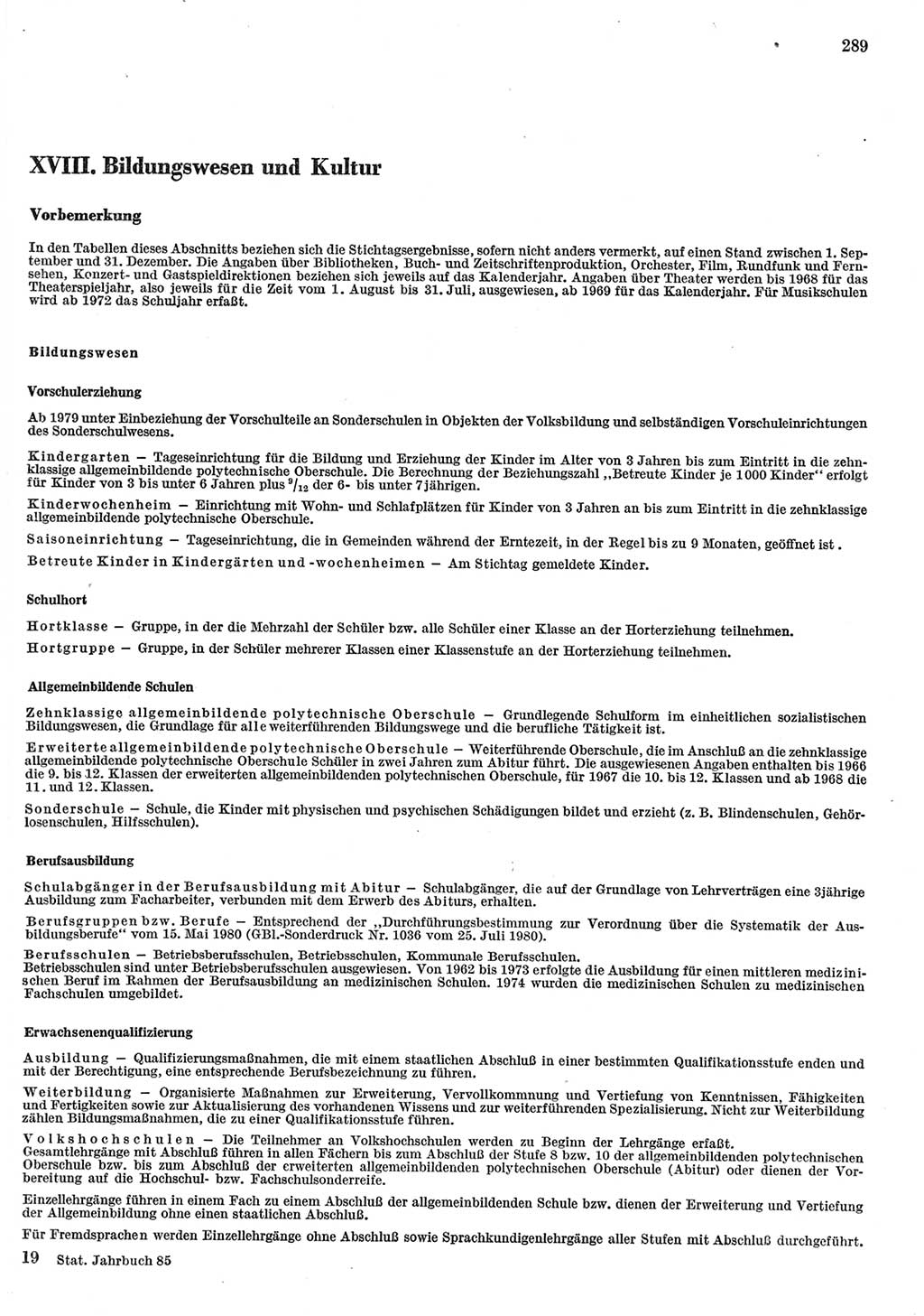 Statistisches Jahrbuch der Deutschen Demokratischen Republik (DDR) 1985, Seite 289 (Stat. Jb. DDR 1985, S. 289)