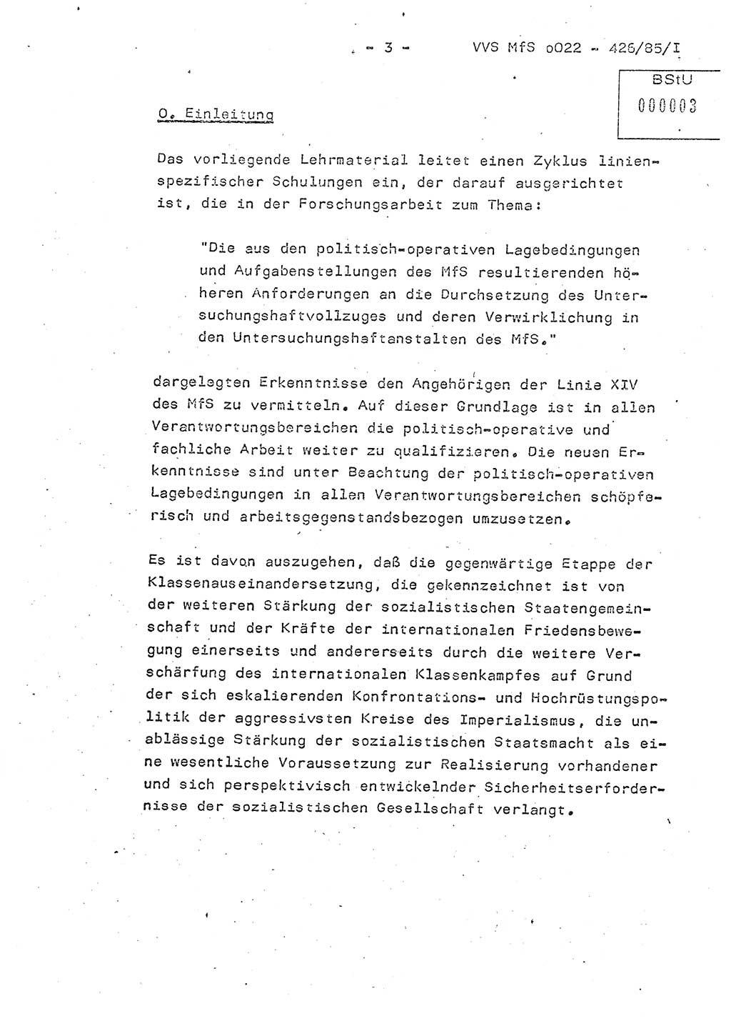 Der Untersuchungshaftvollzug im MfS, Schulungsmaterial Teil Ⅰ, Ministerium für Staatssicherheit [Deutsche Demokratische Republik (DDR)], Abteilung (Abt.) ⅩⅣ, Vertrauliche Verschlußsache (VVS) o022-462/85/Ⅰ, Berlin 1985, Seite 3 (Sch.-Mat. Ⅰ MfS DDR Abt. ⅩⅣ VVS o022-462/85/Ⅰ 1985, S. 3)