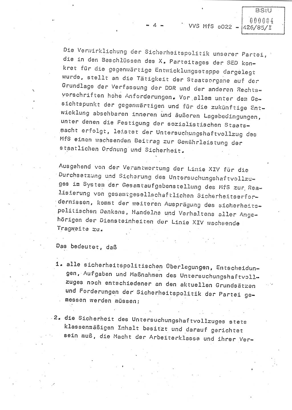 Der Untersuchungshaftvollzug im MfS, Schulungsmaterial Teil Ⅰ, Ministerium für Staatssicherheit [Deutsche Demokratische Republik (DDR)], Abteilung (Abt.) ⅩⅣ, Vertrauliche Verschlußsache (VVS) o022-462/85/Ⅰ, Berlin 1985, Seite 4 (Sch.-Mat. Ⅰ MfS DDR Abt. ⅩⅣ VVS o022-462/85/Ⅰ 1985, S. 4)