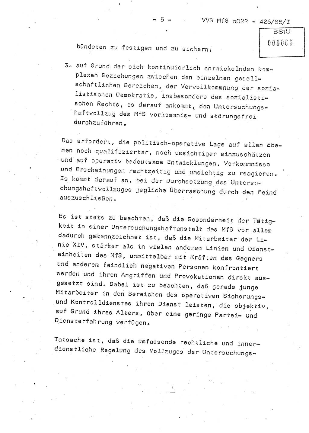 Der Untersuchungshaftvollzug im MfS, Schulungsmaterial Teil Ⅰ, Ministerium für Staatssicherheit [Deutsche Demokratische Republik (DDR)], Abteilung (Abt.) ⅩⅣ, Vertrauliche Verschlußsache (VVS) o022-462/85/Ⅰ, Berlin 1985, Seite 5 (Sch.-Mat. Ⅰ MfS DDR Abt. ⅩⅣ VVS o022-462/85/Ⅰ 1985, S. 5)