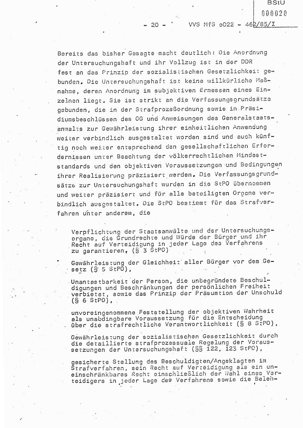 Der Untersuchungshaftvollzug im MfS, Schulungsmaterial Teil Ⅰ, Ministerium für Staatssicherheit [Deutsche Demokratische Republik (DDR)], Abteilung (Abt.) ⅩⅣ, Vertrauliche Verschlußsache (VVS) o022-462/85/Ⅰ, Berlin 1985, Seite 20 (Sch.-Mat. Ⅰ MfS DDR Abt. ⅩⅣ VVS o022-462/85/Ⅰ 1985, S. 20)