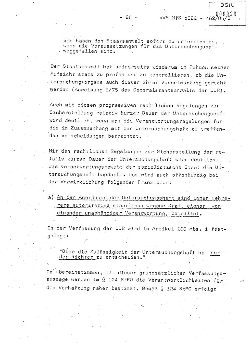 Der Untersuchungshaftvollzug im MfS, Schulungsmaterial Teil Ⅰ, Ministerium für Staatssicherheit [Deutsche Demokratische Republik (DDR)], Abteilung (Abt.) ⅩⅣ, Vertrauliche Verschlußsache (VVS) o022-462/85/Ⅰ, Berlin 1985, Seite 26 (Sch.-Mat. Ⅰ MfS DDR Abt. ⅩⅣ VVS o022-462/85/Ⅰ 1985, S. 26)