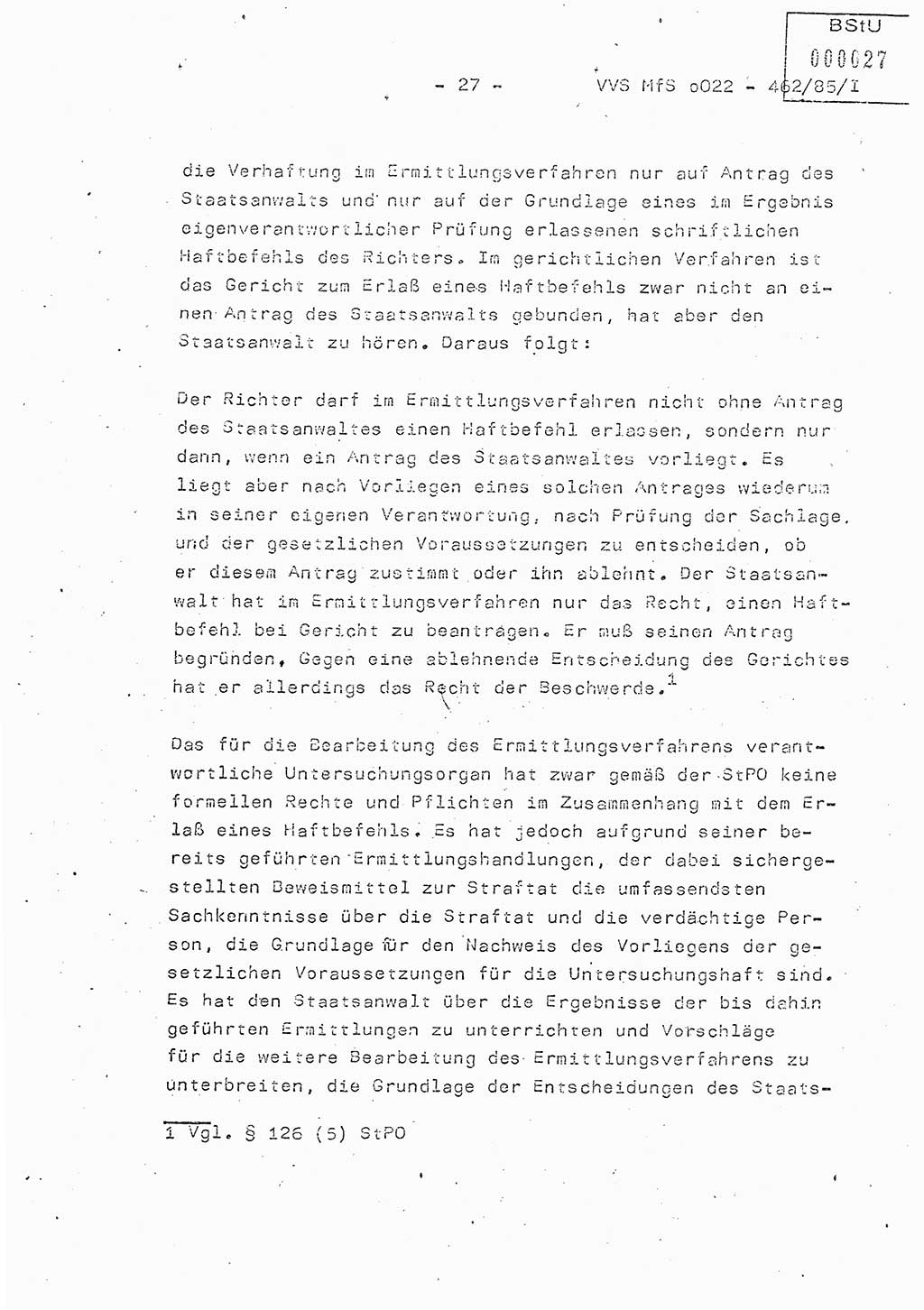 Der Untersuchungshaftvollzug im MfS, Schulungsmaterial Teil Ⅰ, Ministerium für Staatssicherheit [Deutsche Demokratische Republik (DDR)], Abteilung (Abt.) ⅩⅣ, Vertrauliche Verschlußsache (VVS) o022-462/85/Ⅰ, Berlin 1985, Seite 27 (Sch.-Mat. Ⅰ MfS DDR Abt. ⅩⅣ VVS o022-462/85/Ⅰ 1985, S. 27)