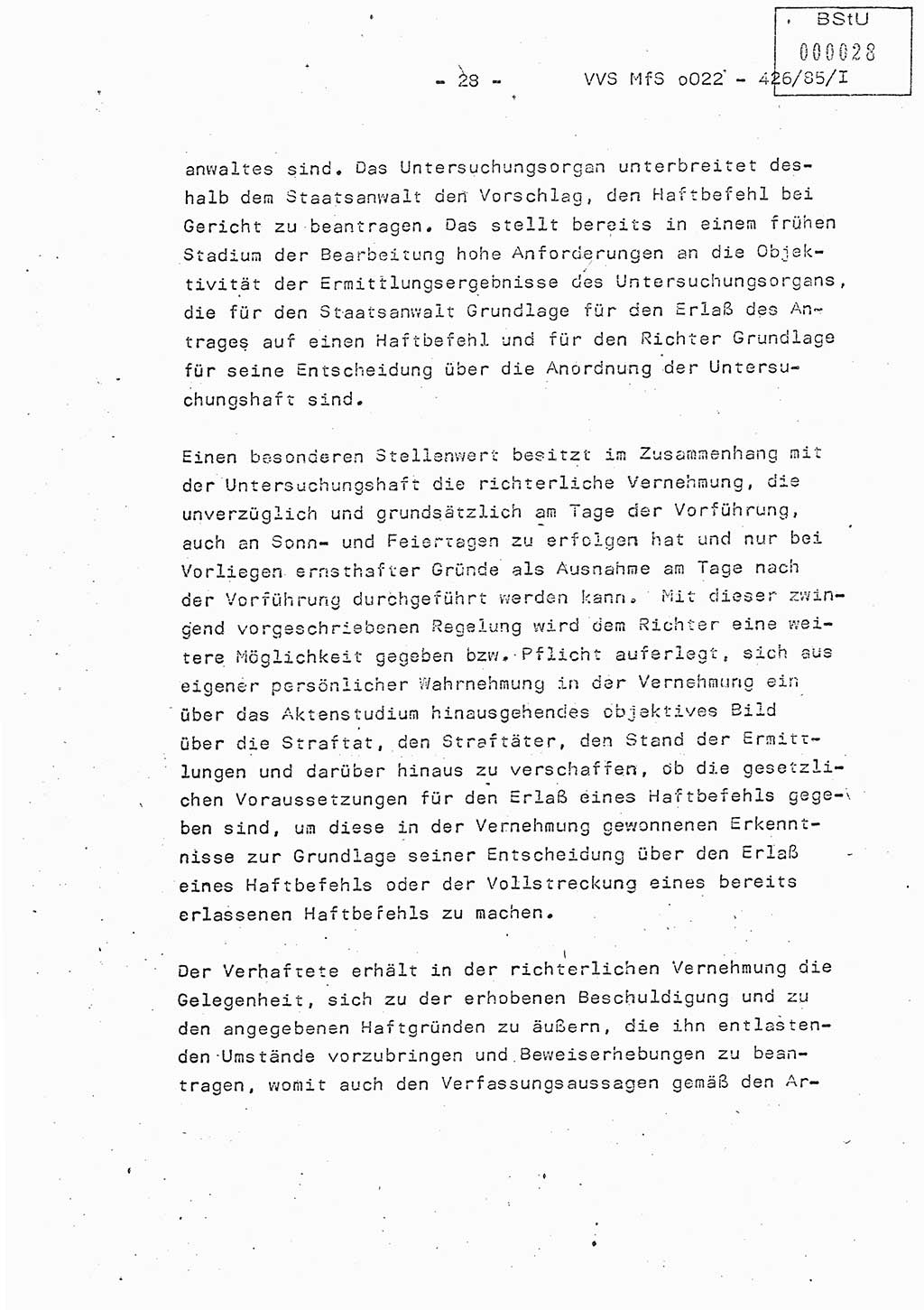 Der Untersuchungshaftvollzug im MfS, Schulungsmaterial Teil Ⅰ, Ministerium für Staatssicherheit [Deutsche Demokratische Republik (DDR)], Abteilung (Abt.) ⅩⅣ, Vertrauliche Verschlußsache (VVS) o022-462/85/Ⅰ, Berlin 1985, Seite 28 (Sch.-Mat. Ⅰ MfS DDR Abt. ⅩⅣ VVS o022-462/85/Ⅰ 1985, S. 28)