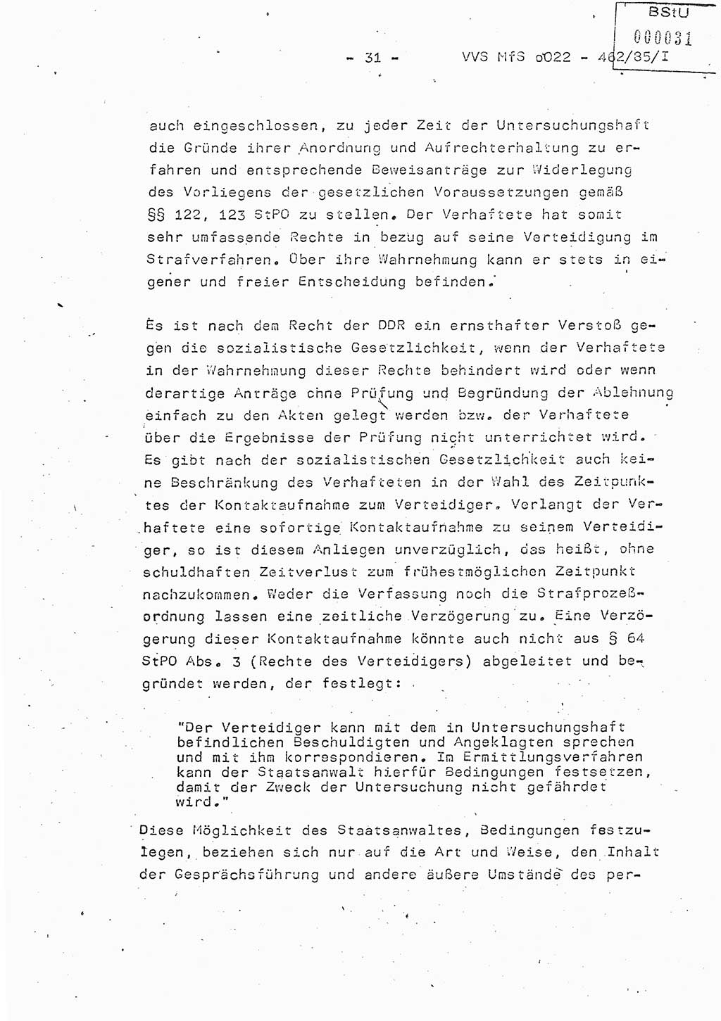 Der Untersuchungshaftvollzug im MfS, Schulungsmaterial Teil Ⅰ, Ministerium für Staatssicherheit [Deutsche Demokratische Republik (DDR)], Abteilung (Abt.) ⅩⅣ, Vertrauliche Verschlußsache (VVS) o022-462/85/Ⅰ, Berlin 1985, Seite 31 (Sch.-Mat. Ⅰ MfS DDR Abt. ⅩⅣ VVS o022-462/85/Ⅰ 1985, S. 31)