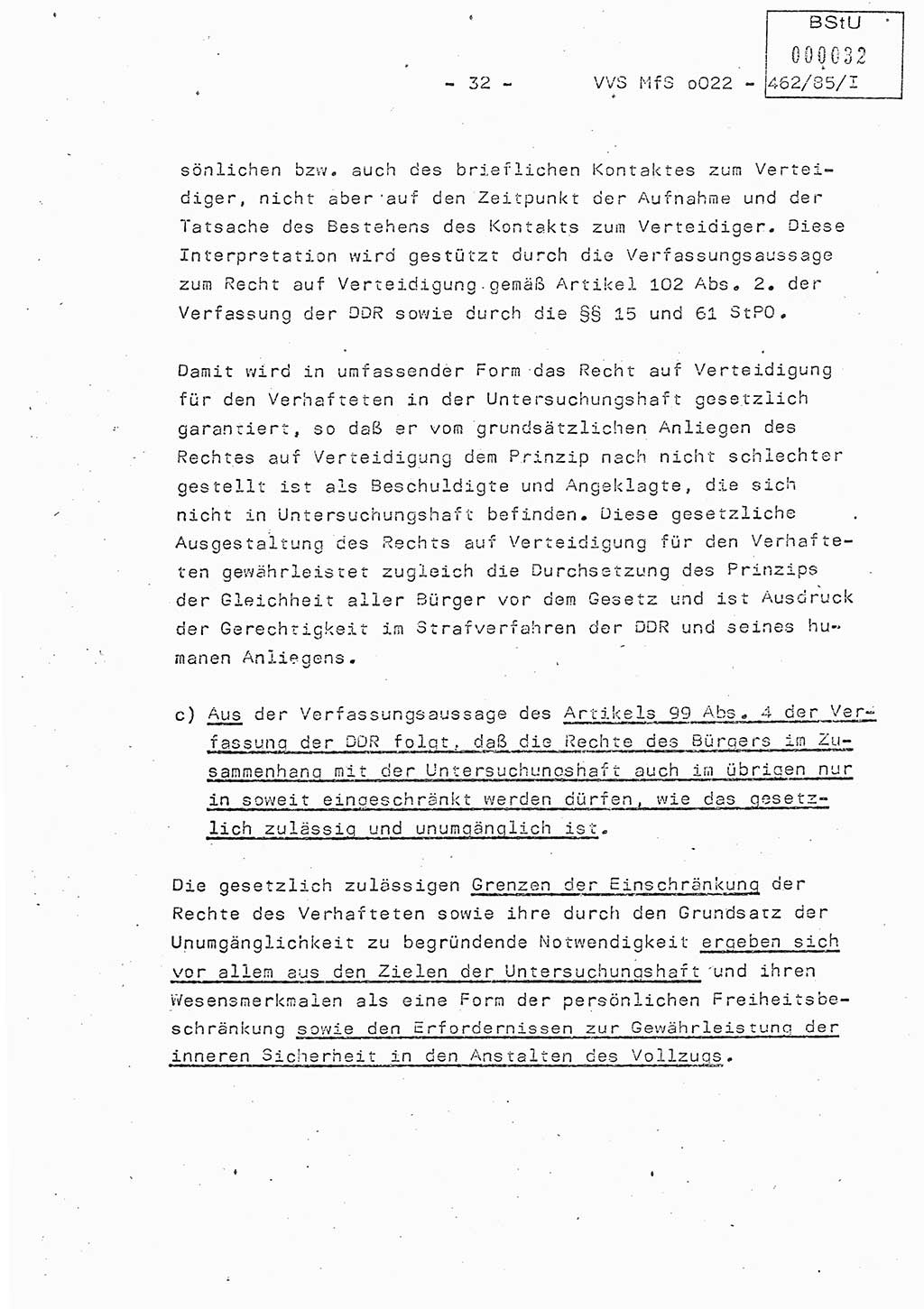 Der Untersuchungshaftvollzug im MfS, Schulungsmaterial Teil Ⅰ, Ministerium für Staatssicherheit [Deutsche Demokratische Republik (DDR)], Abteilung (Abt.) ⅩⅣ, Vertrauliche Verschlußsache (VVS) o022-462/85/Ⅰ, Berlin 1985, Seite 32 (Sch.-Mat. Ⅰ MfS DDR Abt. ⅩⅣ VVS o022-462/85/Ⅰ 1985, S. 32)