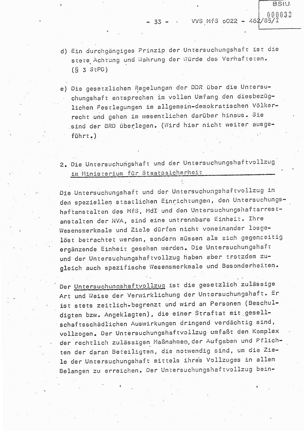 Der Untersuchungshaftvollzug im MfS, Schulungsmaterial Teil Ⅰ, Ministerium für Staatssicherheit [Deutsche Demokratische Republik (DDR)], Abteilung (Abt.) ⅩⅣ, Vertrauliche Verschlußsache (VVS) o022-462/85/Ⅰ, Berlin 1985, Seite 33 (Sch.-Mat. Ⅰ MfS DDR Abt. ⅩⅣ VVS o022-462/85/Ⅰ 1985, S. 33)