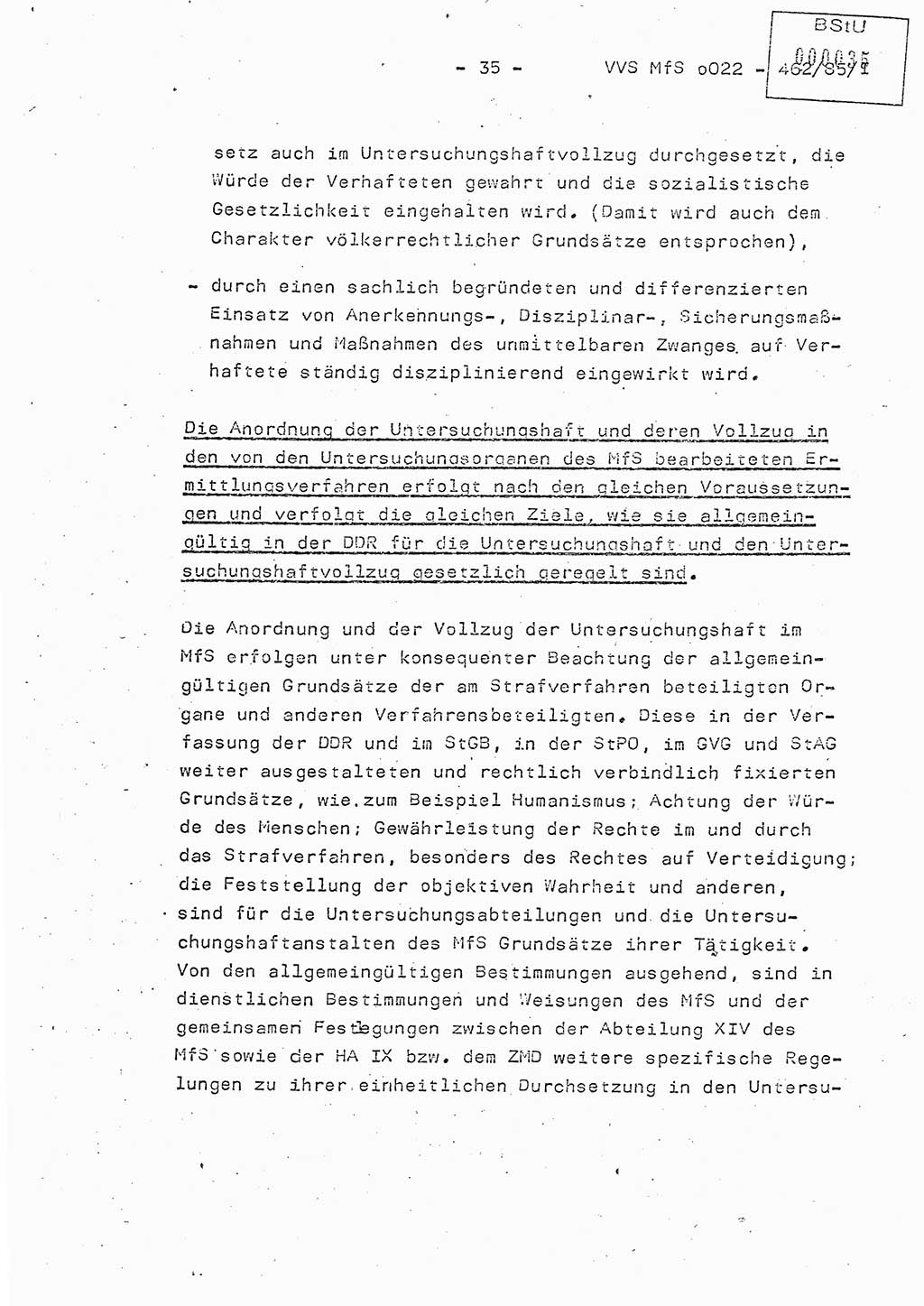 Der Untersuchungshaftvollzug im MfS, Schulungsmaterial Teil Ⅰ, Ministerium für Staatssicherheit [Deutsche Demokratische Republik (DDR)], Abteilung (Abt.) ⅩⅣ, Vertrauliche Verschlußsache (VVS) o022-462/85/Ⅰ, Berlin 1985, Seite 35 (Sch.-Mat. Ⅰ MfS DDR Abt. ⅩⅣ VVS o022-462/85/Ⅰ 1985, S. 35)