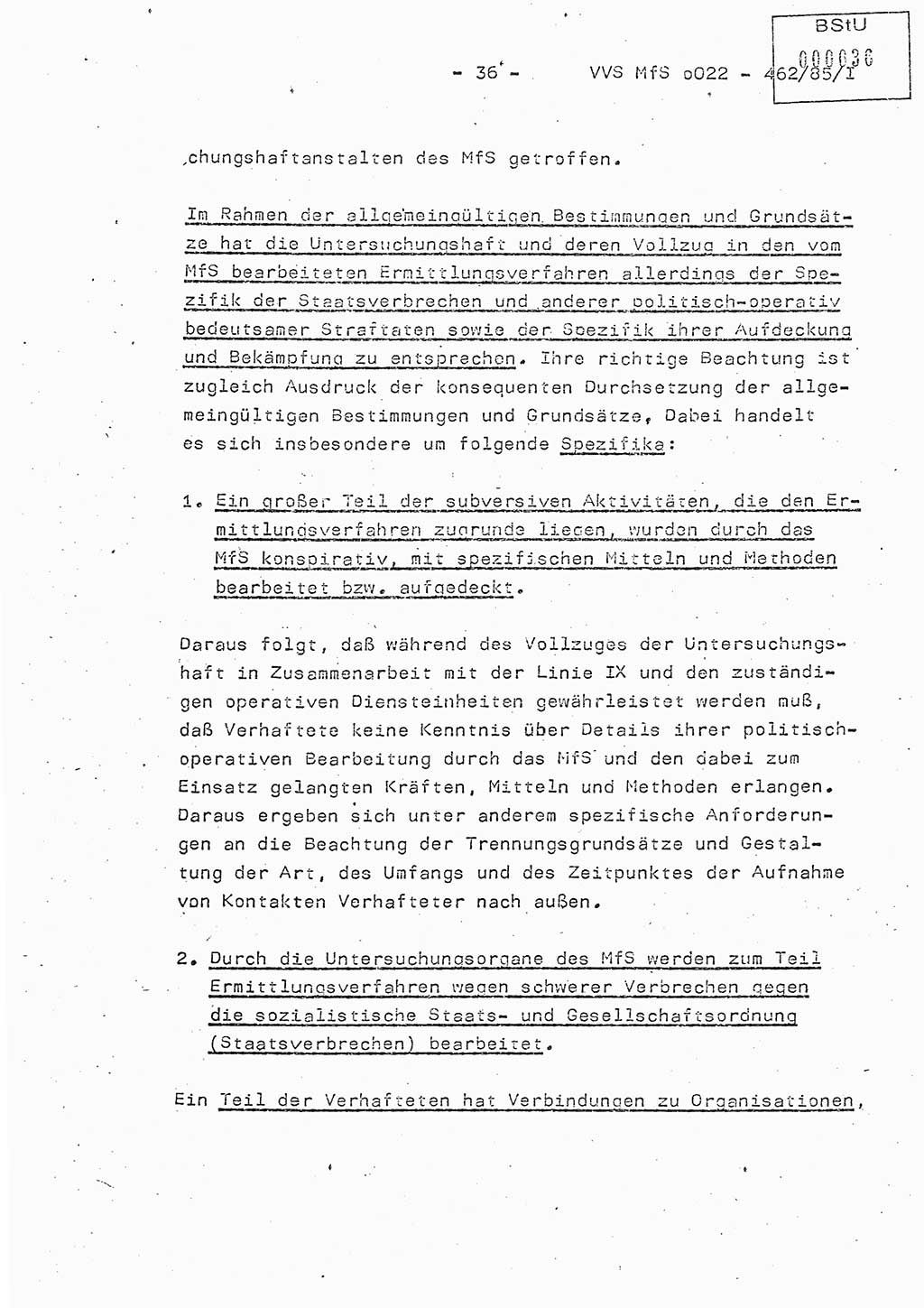 Der Untersuchungshaftvollzug im MfS, Schulungsmaterial Teil Ⅰ, Ministerium für Staatssicherheit [Deutsche Demokratische Republik (DDR)], Abteilung (Abt.) ⅩⅣ, Vertrauliche Verschlußsache (VVS) o022-462/85/Ⅰ, Berlin 1985, Seite 36 (Sch.-Mat. Ⅰ MfS DDR Abt. ⅩⅣ VVS o022-462/85/Ⅰ 1985, S. 36)