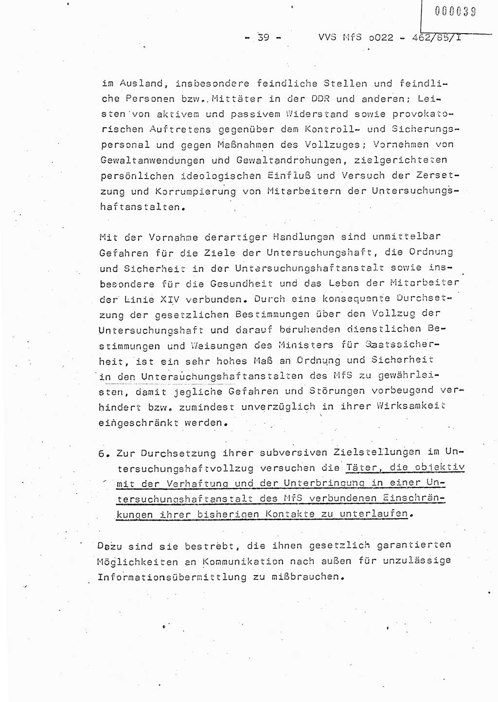 Der Untersuchungshaftvollzug im MfS, Schulungsmaterial Teil Ⅰ, Ministerium für Staatssicherheit [Deutsche Demokratische Republik (DDR)], Abteilung (Abt.) ⅩⅣ, Vertrauliche Verschlußsache (VVS) o022-462/85/Ⅰ, Berlin 1985, Seite 39 (Sch.-Mat. Ⅰ MfS DDR Abt. ⅩⅣ VVS o022-462/85/Ⅰ 1985, S. 39)