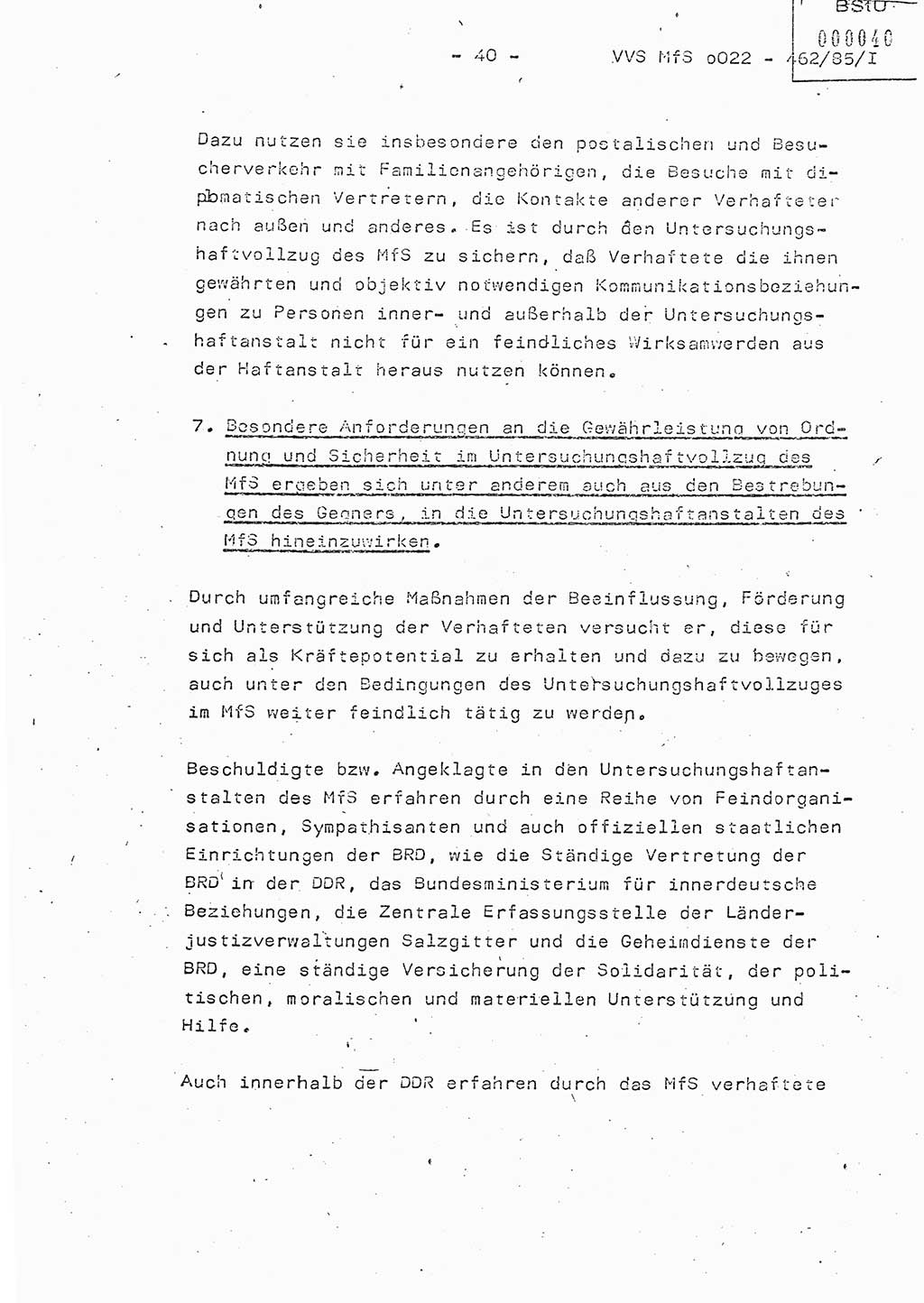 Der Untersuchungshaftvollzug im MfS, Schulungsmaterial Teil Ⅰ, Ministerium für Staatssicherheit [Deutsche Demokratische Republik (DDR)], Abteilung (Abt.) ⅩⅣ, Vertrauliche Verschlußsache (VVS) o022-462/85/Ⅰ, Berlin 1985, Seite 40 (Sch.-Mat. Ⅰ MfS DDR Abt. ⅩⅣ VVS o022-462/85/Ⅰ 1985, S. 40)