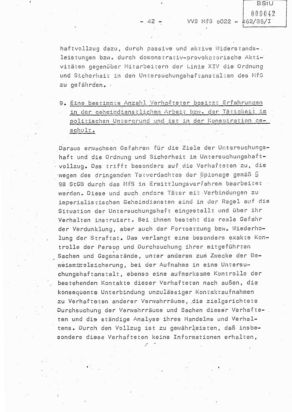 Der Untersuchungshaftvollzug im MfS, Schulungsmaterial Teil Ⅰ, Ministerium für Staatssicherheit [Deutsche Demokratische Republik (DDR)], Abteilung (Abt.) ⅩⅣ, Vertrauliche Verschlußsache (VVS) o022-462/85/Ⅰ, Berlin 1985, Seite 42 (Sch.-Mat. Ⅰ MfS DDR Abt. ⅩⅣ VVS o022-462/85/Ⅰ 1985, S. 42)