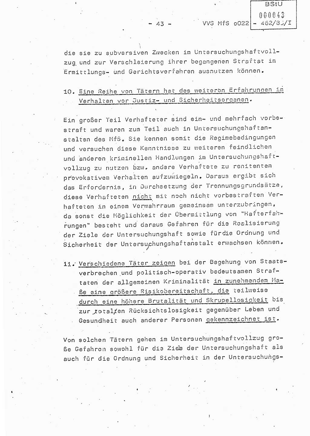 Der Untersuchungshaftvollzug im MfS, Schulungsmaterial Teil Ⅰ, Ministerium für Staatssicherheit [Deutsche Demokratische Republik (DDR)], Abteilung (Abt.) ⅩⅣ, Vertrauliche Verschlußsache (VVS) o022-462/85/Ⅰ, Berlin 1985, Seite 43 (Sch.-Mat. Ⅰ MfS DDR Abt. ⅩⅣ VVS o022-462/85/Ⅰ 1985, S. 43)