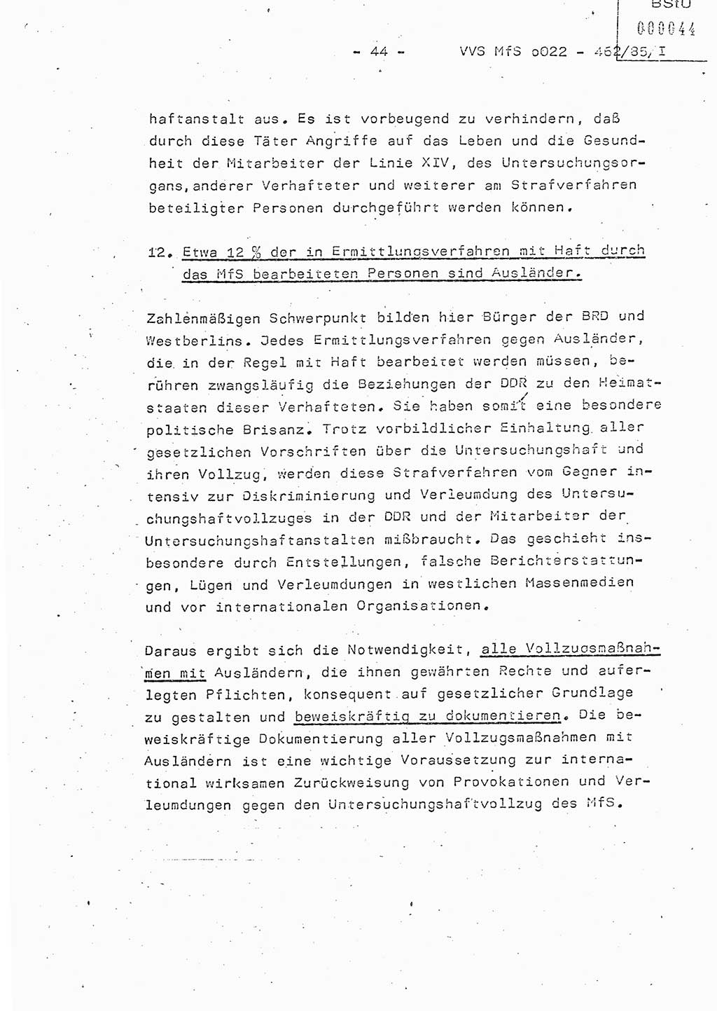 Der Untersuchungshaftvollzug im MfS, Schulungsmaterial Teil Ⅰ, Ministerium für Staatssicherheit [Deutsche Demokratische Republik (DDR)], Abteilung (Abt.) ⅩⅣ, Vertrauliche Verschlußsache (VVS) o022-462/85/Ⅰ, Berlin 1985, Seite 44 (Sch.-Mat. Ⅰ MfS DDR Abt. ⅩⅣ VVS o022-462/85/Ⅰ 1985, S. 44)