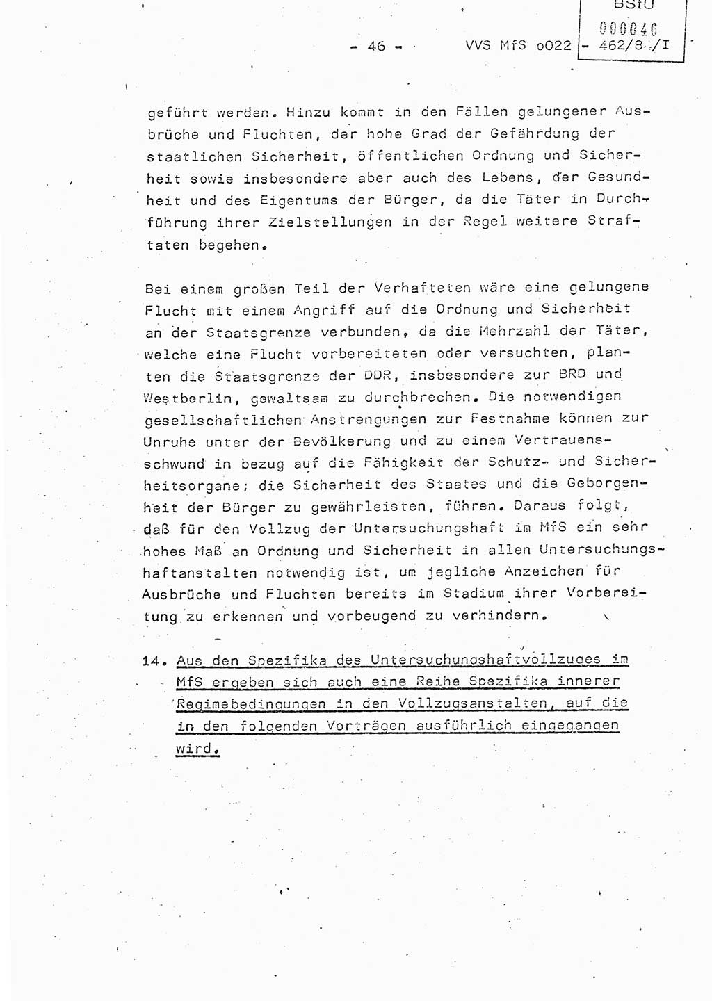 Der Untersuchungshaftvollzug im MfS, Schulungsmaterial Teil Ⅰ, Ministerium für Staatssicherheit [Deutsche Demokratische Republik (DDR)], Abteilung (Abt.) ⅩⅣ, Vertrauliche Verschlußsache (VVS) o022-462/85/Ⅰ, Berlin 1985, Seite 46 (Sch.-Mat. Ⅰ MfS DDR Abt. ⅩⅣ VVS o022-462/85/Ⅰ 1985, S. 46)