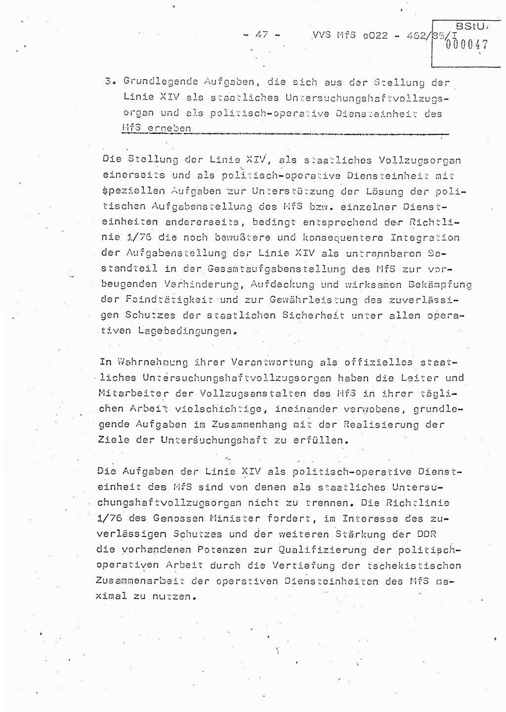 Der Untersuchungshaftvollzug im MfS, Schulungsmaterial Teil Ⅰ, Ministerium für Staatssicherheit [Deutsche Demokratische Republik (DDR)], Abteilung (Abt.) ⅩⅣ, Vertrauliche Verschlußsache (VVS) o022-462/85/Ⅰ, Berlin 1985, Seite 47 (Sch.-Mat. Ⅰ MfS DDR Abt. ⅩⅣ VVS o022-462/85/Ⅰ 1985, S. 47)