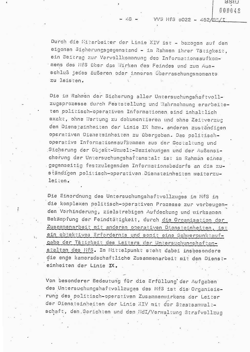 Der Untersuchungshaftvollzug im MfS, Schulungsmaterial Teil Ⅰ, Ministerium für Staatssicherheit [Deutsche Demokratische Republik (DDR)], Abteilung (Abt.) ⅩⅣ, Vertrauliche Verschlußsache (VVS) o022-462/85/Ⅰ, Berlin 1985, Seite 48 (Sch.-Mat. Ⅰ MfS DDR Abt. ⅩⅣ VVS o022-462/85/Ⅰ 1985, S. 48)