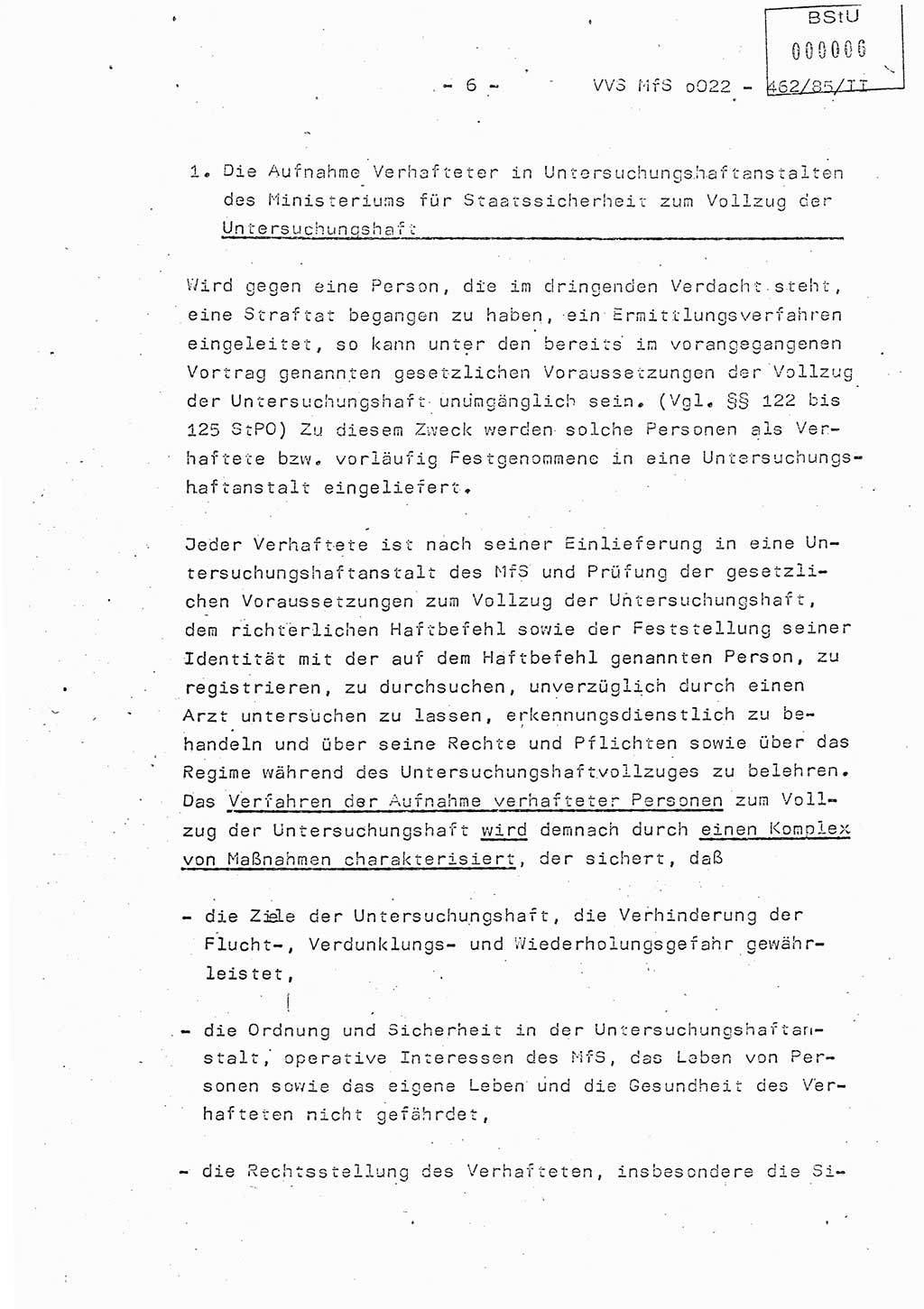 Der Untersuchungshaftvollzug im MfS, Schulungsmaterial Teil Ⅱ, Ministerium für Staatssicherheit [Deutsche Demokratische Republik (DDR)], Abteilung (Abt.) ⅩⅣ, Vertrauliche Verschlußsache (VVS) o022-462/85/Ⅱ, Berlin 1985, Seite 6 (Sch.-Mat. Ⅱ MfS DDR Abt. ⅩⅣ VVS o022-462/85/Ⅱ 1985, S. 6)