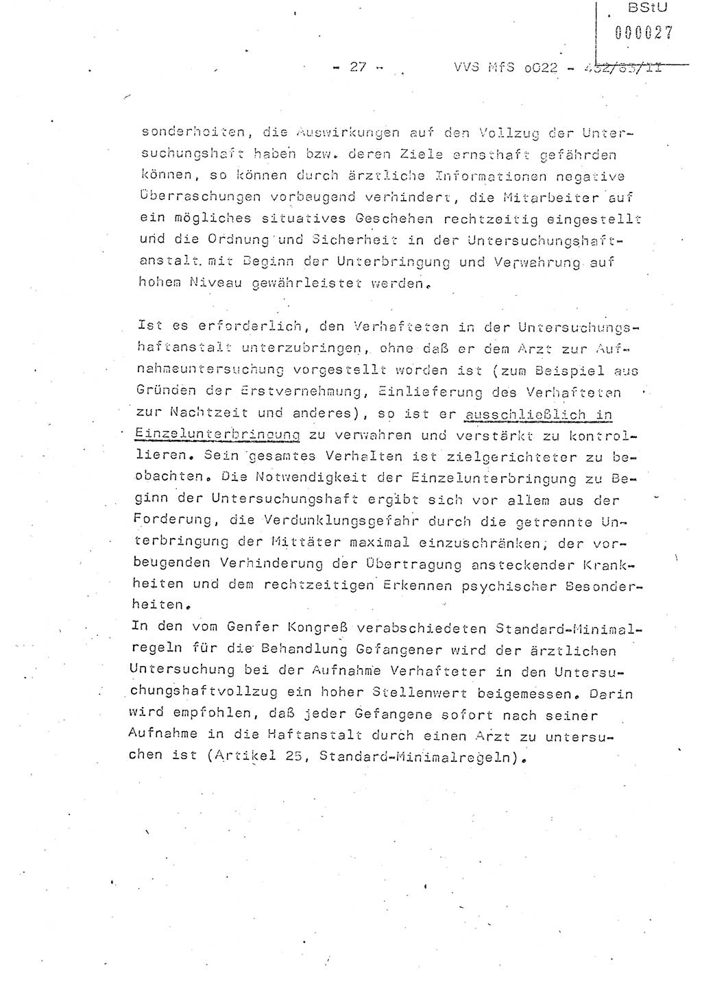 Der Untersuchungshaftvollzug im MfS, Schulungsmaterial Teil Ⅱ, Ministerium für Staatssicherheit [Deutsche Demokratische Republik (DDR)], Abteilung (Abt.) ⅩⅣ, Vertrauliche Verschlußsache (VVS) o022-462/85/Ⅱ, Berlin 1985, Seite 27 (Sch.-Mat. Ⅱ MfS DDR Abt. ⅩⅣ VVS o022-462/85/Ⅱ 1985, S. 27)