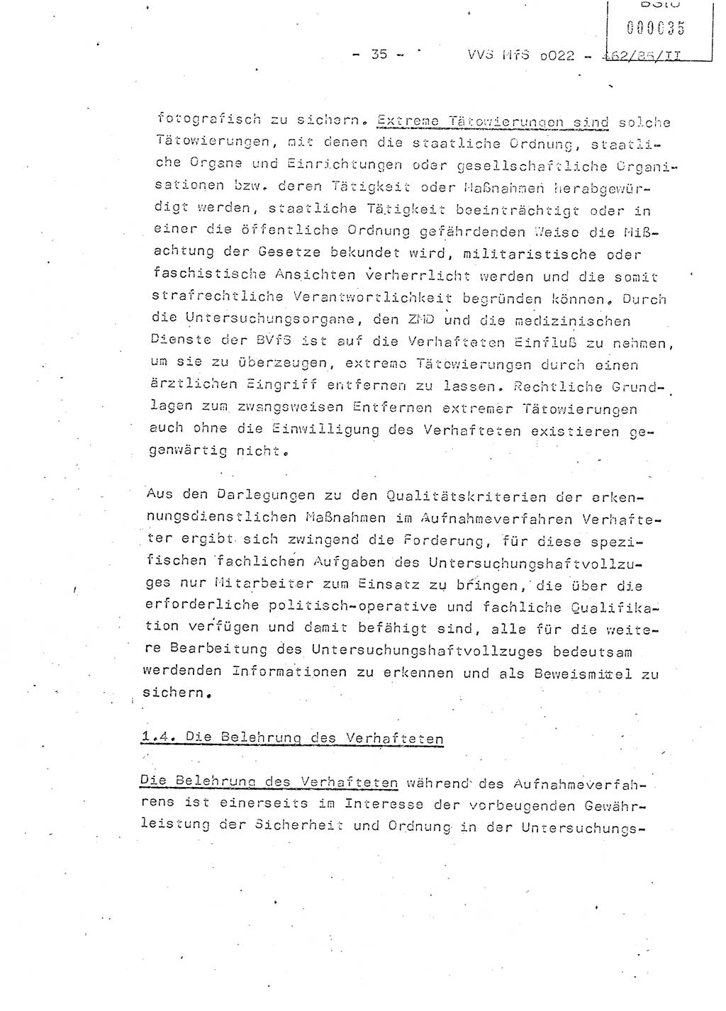 Der Untersuchungshaftvollzug im MfS, Schulungsmaterial Teil Ⅱ, Ministerium für Staatssicherheit [Deutsche Demokratische Republik (DDR)], Abteilung (Abt.) ⅩⅣ, Vertrauliche Verschlußsache (VVS) o022-462/85/Ⅱ, Berlin 1985, Seite 35 (Sch.-Mat. Ⅱ MfS DDR Abt. ⅩⅣ VVS o022-462/85/Ⅱ 1985, S. 35)