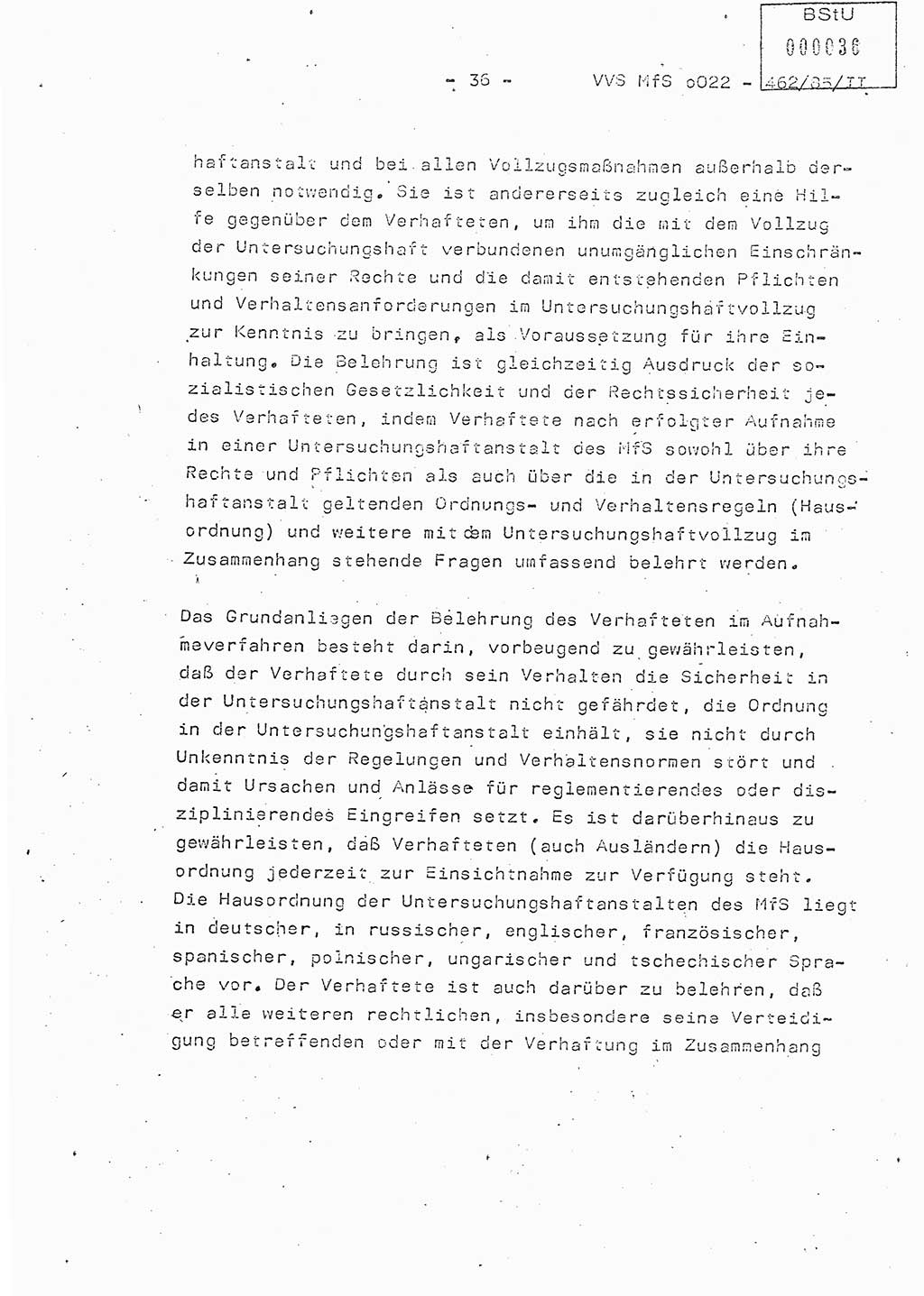 Der Untersuchungshaftvollzug im MfS, Schulungsmaterial Teil Ⅱ, Ministerium für Staatssicherheit [Deutsche Demokratische Republik (DDR)], Abteilung (Abt.) ⅩⅣ, Vertrauliche Verschlußsache (VVS) o022-462/85/Ⅱ, Berlin 1985, Seite 36 (Sch.-Mat. Ⅱ MfS DDR Abt. ⅩⅣ VVS o022-462/85/Ⅱ 1985, S. 36)