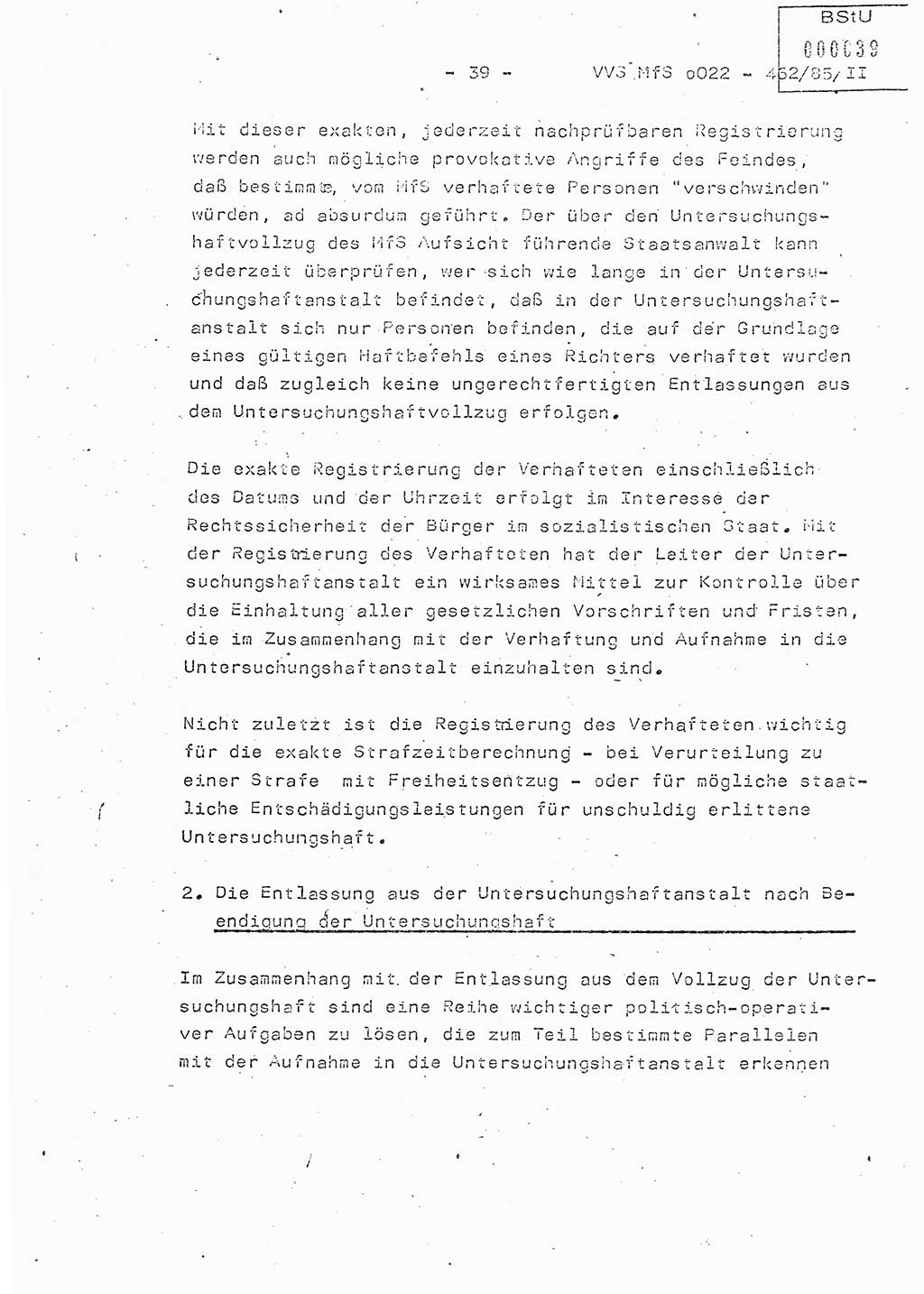 Der Untersuchungshaftvollzug im MfS, Schulungsmaterial Teil Ⅱ, Ministerium für Staatssicherheit [Deutsche Demokratische Republik (DDR)], Abteilung (Abt.) ⅩⅣ, Vertrauliche Verschlußsache (VVS) o022-462/85/Ⅱ, Berlin 1985, Seite 39 (Sch.-Mat. Ⅱ MfS DDR Abt. ⅩⅣ VVS o022-462/85/Ⅱ 1985, S. 39)