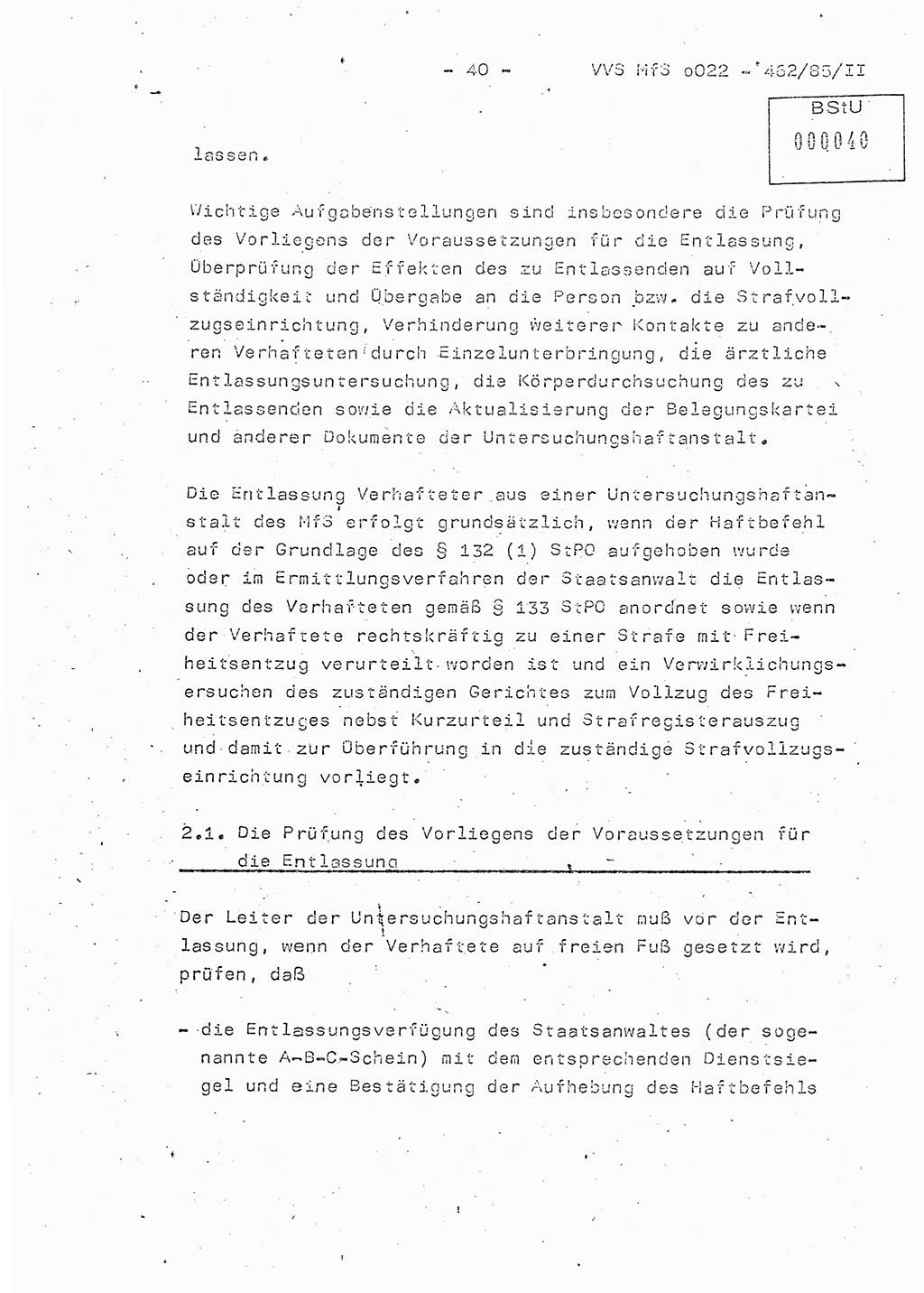 Der Untersuchungshaftvollzug im MfS, Schulungsmaterial Teil Ⅱ, Ministerium für Staatssicherheit [Deutsche Demokratische Republik (DDR)], Abteilung (Abt.) ⅩⅣ, Vertrauliche Verschlußsache (VVS) o022-462/85/Ⅱ, Berlin 1985, Seite 40 (Sch.-Mat. Ⅱ MfS DDR Abt. ⅩⅣ VVS o022-462/85/Ⅱ 1985, S. 40)