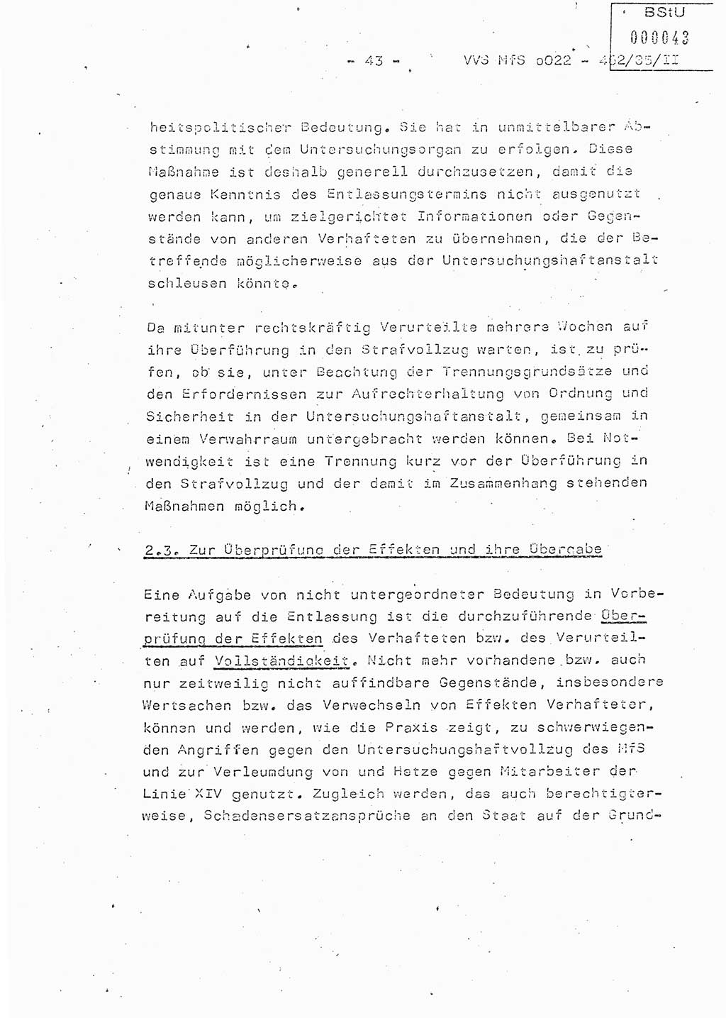 Der Untersuchungshaftvollzug im MfS, Schulungsmaterial Teil Ⅱ, Ministerium für Staatssicherheit [Deutsche Demokratische Republik (DDR)], Abteilung (Abt.) ⅩⅣ, Vertrauliche Verschlußsache (VVS) o022-462/85/Ⅱ, Berlin 1985, Seite 43 (Sch.-Mat. Ⅱ MfS DDR Abt. ⅩⅣ VVS o022-462/85/Ⅱ 1985, S. 43)