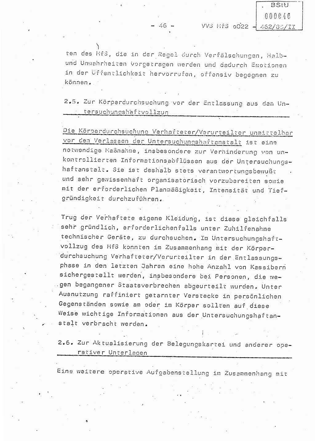 Der Untersuchungshaftvollzug im MfS, Schulungsmaterial Teil Ⅱ, Ministerium für Staatssicherheit [Deutsche Demokratische Republik (DDR)], Abteilung (Abt.) ⅩⅣ, Vertrauliche Verschlußsache (VVS) o022-462/85/Ⅱ, Berlin 1985, Seite 46 (Sch.-Mat. Ⅱ MfS DDR Abt. ⅩⅣ VVS o022-462/85/Ⅱ 1985, S. 46)