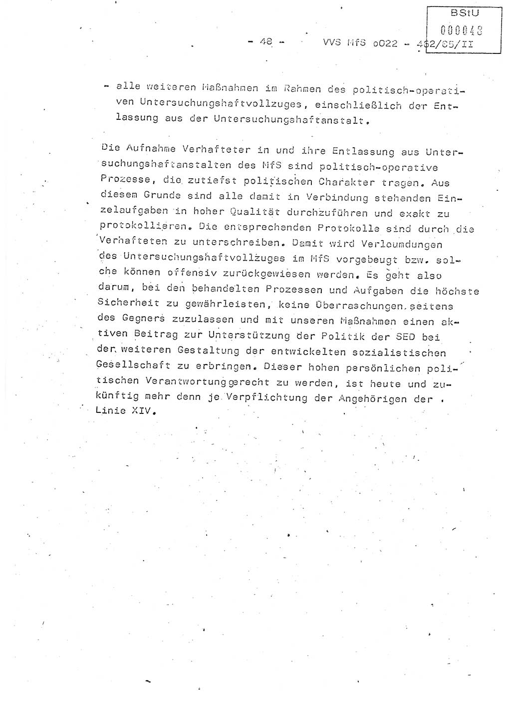 Der Untersuchungshaftvollzug im MfS, Schulungsmaterial Teil Ⅱ, Ministerium für Staatssicherheit [Deutsche Demokratische Republik (DDR)], Abteilung (Abt.) ⅩⅣ, Vertrauliche Verschlußsache (VVS) o022-462/85/Ⅱ, Berlin 1985, Seite 48 (Sch.-Mat. Ⅱ MfS DDR Abt. ⅩⅣ VVS o022-462/85/Ⅱ 1985, S. 48)