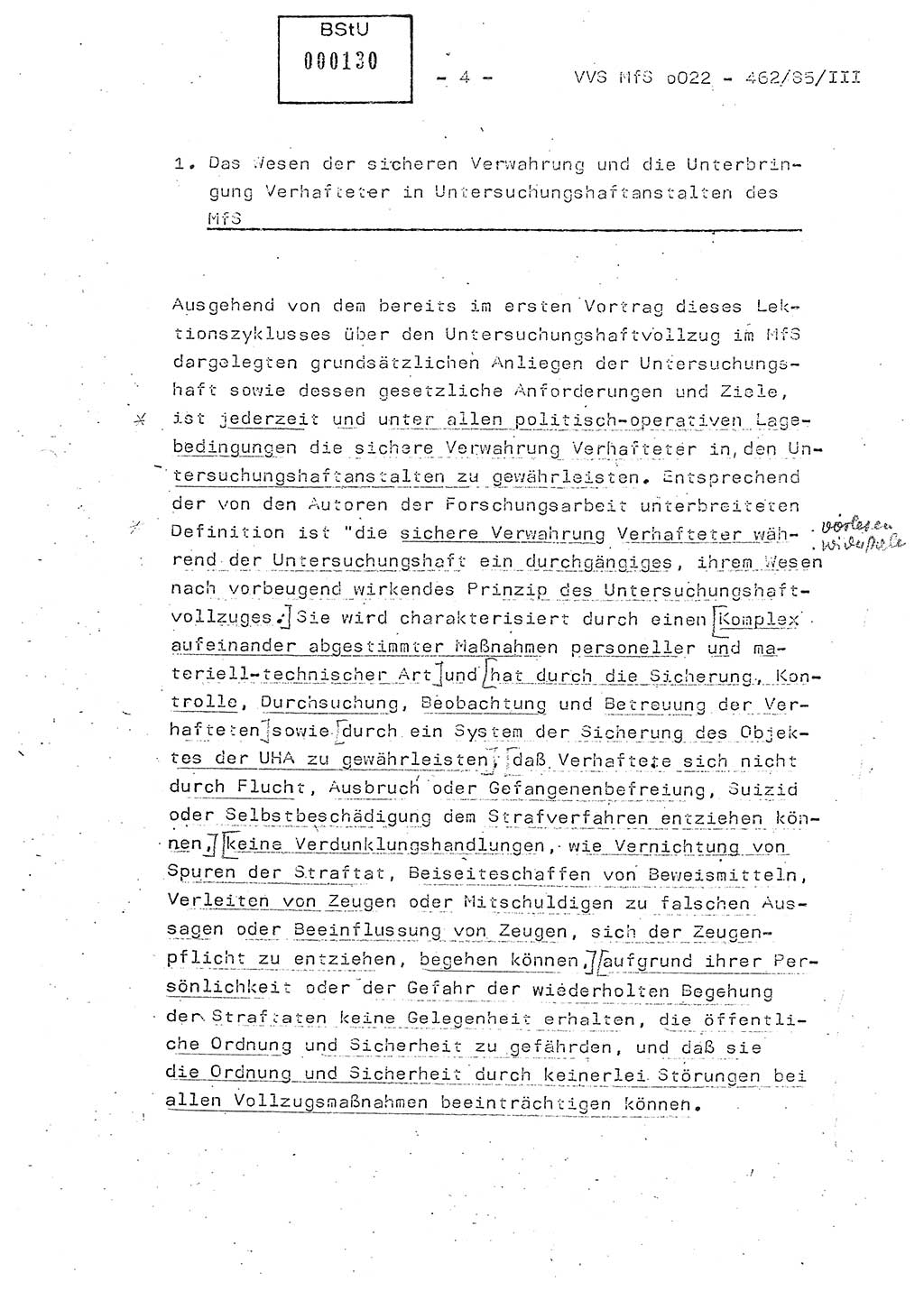 Der Untersuchungshaftvollzug im MfS, Schulungsmaterial Teil Ⅲ, Ministerium für Staatssicherheit [Deutsche Demokratische Republik (DDR)], Abteilung (Abt.) ⅩⅣ, Vertrauliche Verschlußsache (VVS) o022-462/85/Ⅲ, Berlin 1985, Seite 4 (Sch.-Mat. Ⅲ MfS DDR Abt. ⅩⅣ VVS o022-462/85/Ⅲ 1985, S. 4)