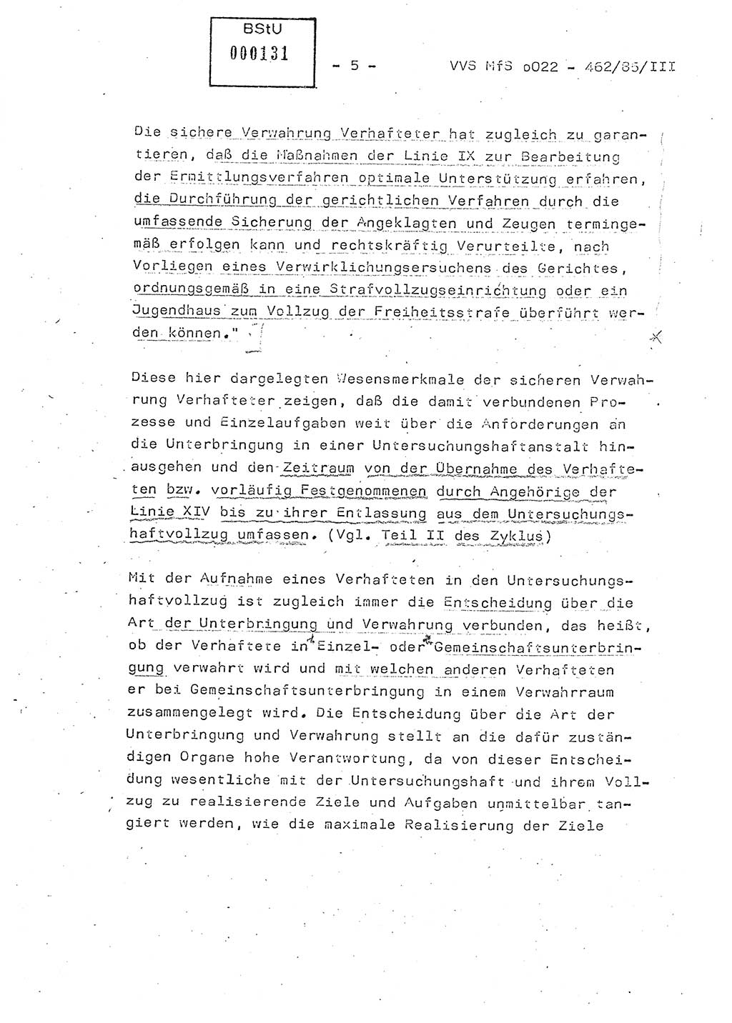 Der Untersuchungshaftvollzug im MfS, Schulungsmaterial Teil Ⅲ, Ministerium für Staatssicherheit [Deutsche Demokratische Republik (DDR)], Abteilung (Abt.) ⅩⅣ, Vertrauliche Verschlußsache (VVS) o022-462/85/Ⅲ, Berlin 1985, Seite 5 (Sch.-Mat. Ⅲ MfS DDR Abt. ⅩⅣ VVS o022-462/85/Ⅲ 1985, S. 5)