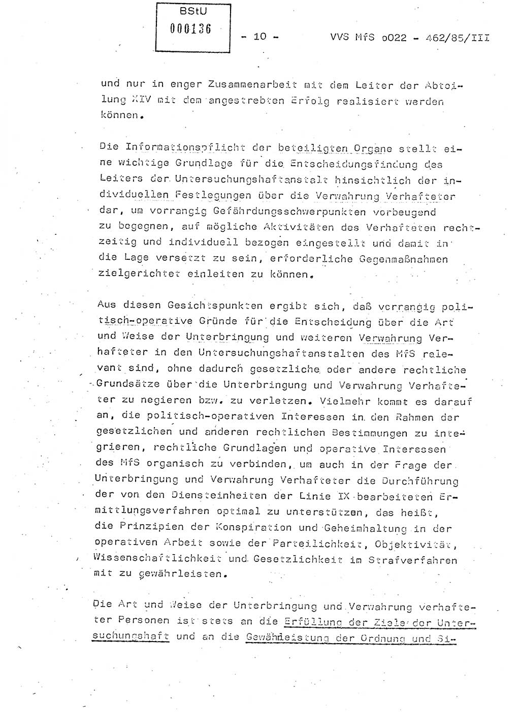 Der Untersuchungshaftvollzug im MfS, Schulungsmaterial Teil Ⅲ, Ministerium für Staatssicherheit [Deutsche Demokratische Republik (DDR)], Abteilung (Abt.) ⅩⅣ, Vertrauliche Verschlußsache (VVS) o022-462/85/Ⅲ, Berlin 1985, Seite 10 (Sch.-Mat. Ⅲ MfS DDR Abt. ⅩⅣ VVS o022-462/85/Ⅲ 1985, S. 10)