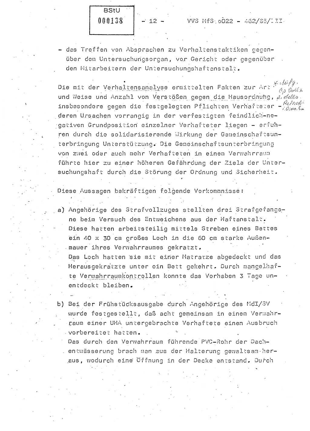 Der Untersuchungshaftvollzug im MfS, Schulungsmaterial Teil Ⅲ, Ministerium für Staatssicherheit [Deutsche Demokratische Republik (DDR)], Abteilung (Abt.) ⅩⅣ, Vertrauliche Verschlußsache (VVS) o022-462/85/Ⅲ, Berlin 1985, Seite 12 (Sch.-Mat. Ⅲ MfS DDR Abt. ⅩⅣ VVS o022-462/85/Ⅲ 1985, S. 12)