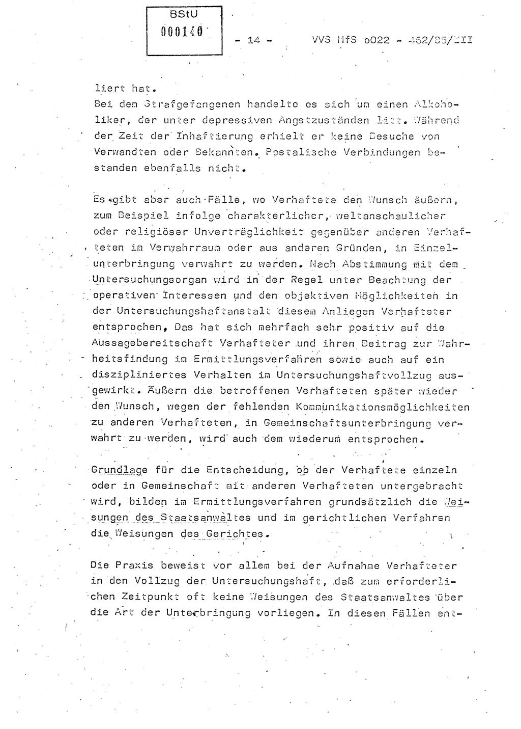 Der Untersuchungshaftvollzug im MfS, Schulungsmaterial Teil Ⅲ, Ministerium für Staatssicherheit [Deutsche Demokratische Republik (DDR)], Abteilung (Abt.) ⅩⅣ, Vertrauliche Verschlußsache (VVS) o022-462/85/Ⅲ, Berlin 1985, Seite 14 (Sch.-Mat. Ⅲ MfS DDR Abt. ⅩⅣ VVS o022-462/85/Ⅲ 1985, S. 14)