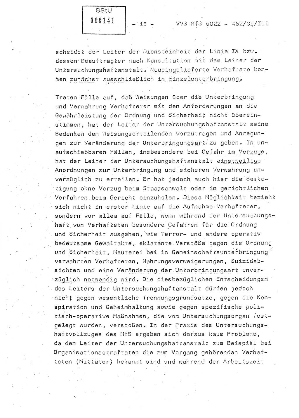 Der Untersuchungshaftvollzug im MfS, Schulungsmaterial Teil Ⅲ, Ministerium für Staatssicherheit [Deutsche Demokratische Republik (DDR)], Abteilung (Abt.) ⅩⅣ, Vertrauliche Verschlußsache (VVS) o022-462/85/Ⅲ, Berlin 1985, Seite 15 (Sch.-Mat. Ⅲ MfS DDR Abt. ⅩⅣ VVS o022-462/85/Ⅲ 1985, S. 15)