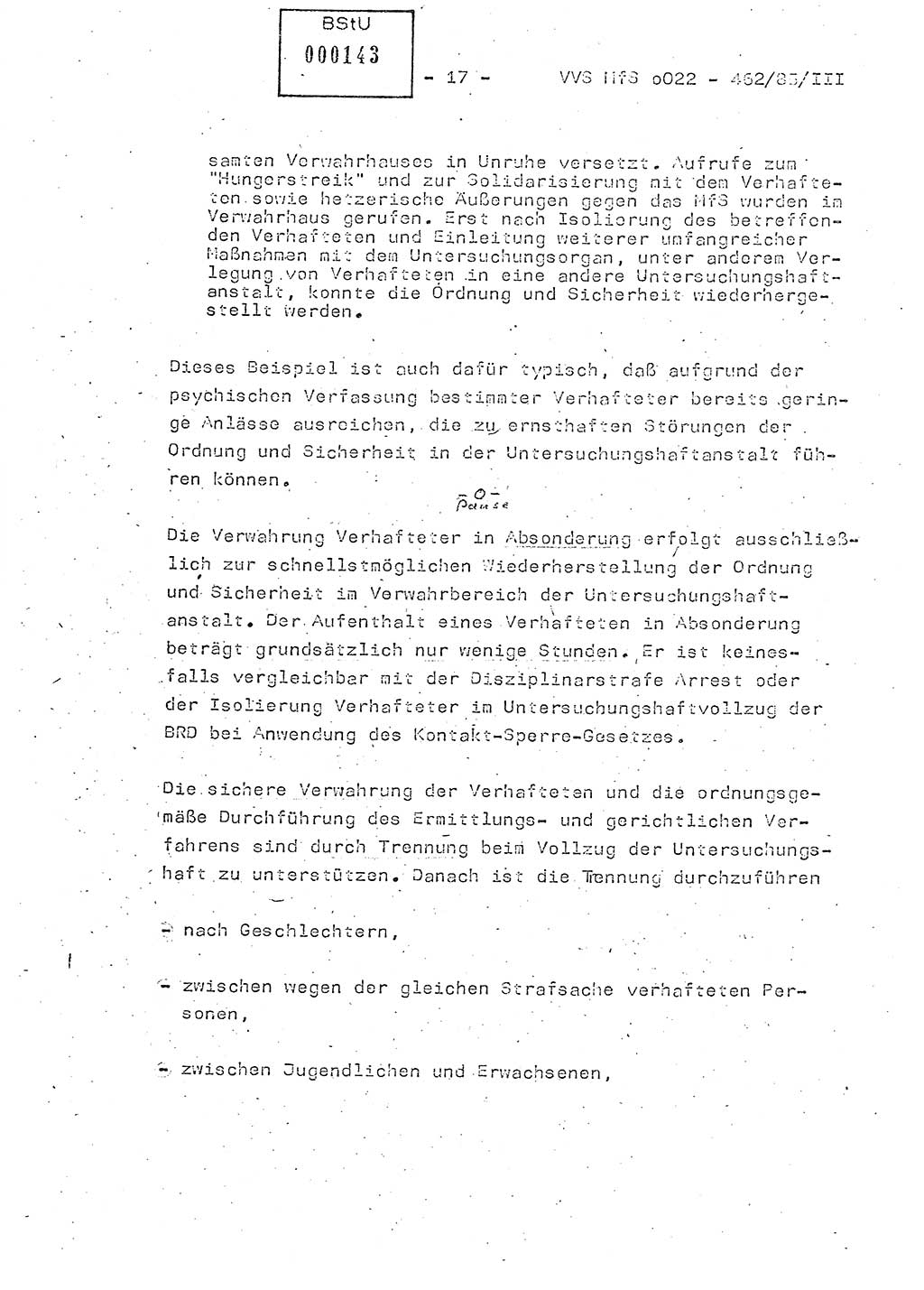 Der Untersuchungshaftvollzug im MfS, Schulungsmaterial Teil Ⅲ, Ministerium für Staatssicherheit [Deutsche Demokratische Republik (DDR)], Abteilung (Abt.) ⅩⅣ, Vertrauliche Verschlußsache (VVS) o022-462/85/Ⅲ, Berlin 1985, Seite 17 (Sch.-Mat. Ⅲ MfS DDR Abt. ⅩⅣ VVS o022-462/85/Ⅲ 1985, S. 17)