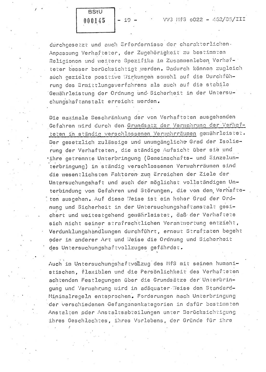 Der Untersuchungshaftvollzug im MfS, Schulungsmaterial Teil Ⅲ, Ministerium für Staatssicherheit [Deutsche Demokratische Republik (DDR)], Abteilung (Abt.) ⅩⅣ, Vertrauliche Verschlußsache (VVS) o022-462/85/Ⅲ, Berlin 1985, Seite 19 (Sch.-Mat. Ⅲ MfS DDR Abt. ⅩⅣ VVS o022-462/85/Ⅲ 1985, S. 19)