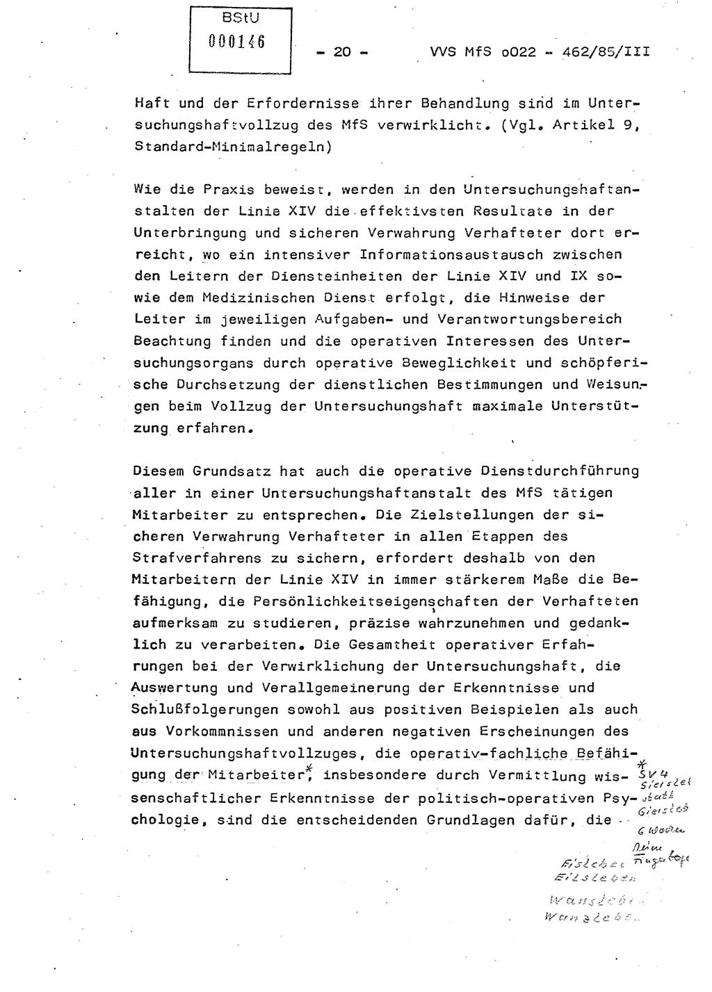 Der Untersuchungshaftvollzug im MfS, Schulungsmaterial Teil Ⅲ, Ministerium für Staatssicherheit [Deutsche Demokratische Republik (DDR)], Abteilung (Abt.) ⅩⅣ, Vertrauliche Verschlußsache (VVS) o022-462/85/Ⅲ, Berlin 1985, Seite 20 (Sch.-Mat. Ⅲ MfS DDR Abt. ⅩⅣ VVS o022-462/85/Ⅲ 1985, S. 20)