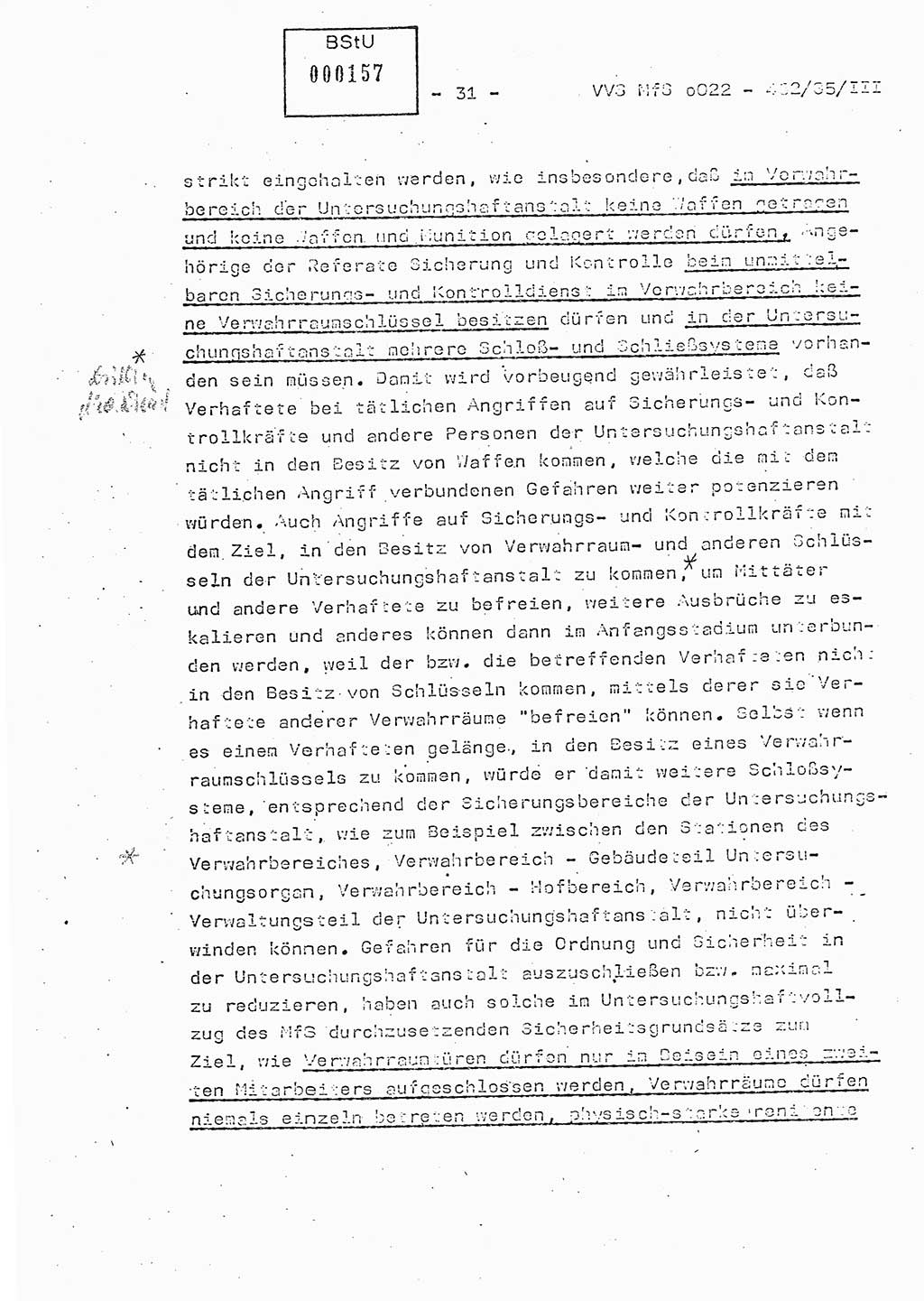 Der Untersuchungshaftvollzug im MfS, Schulungsmaterial Teil Ⅲ, Ministerium für Staatssicherheit [Deutsche Demokratische Republik (DDR)], Abteilung (Abt.) ⅩⅣ, Vertrauliche Verschlußsache (VVS) o022-462/85/Ⅲ, Berlin 1985, Seite 31 (Sch.-Mat. Ⅲ MfS DDR Abt. ⅩⅣ VVS o022-462/85/Ⅲ 1985, S. 31)