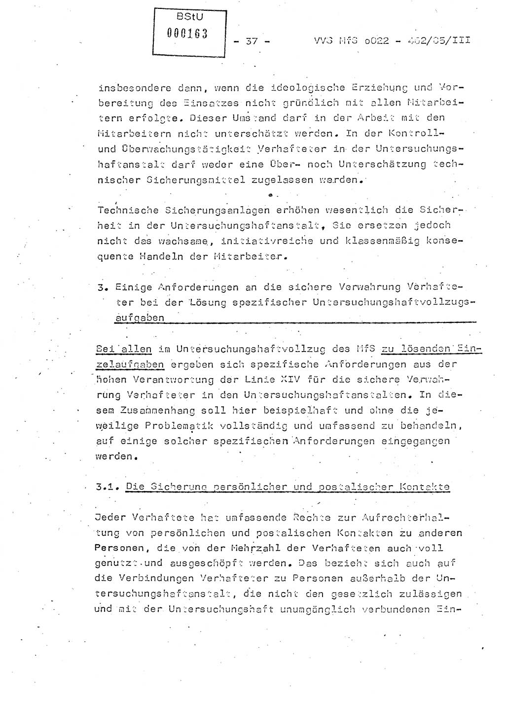 Der Untersuchungshaftvollzug im MfS, Schulungsmaterial Teil Ⅲ, Ministerium für Staatssicherheit [Deutsche Demokratische Republik (DDR)], Abteilung (Abt.) ⅩⅣ, Vertrauliche Verschlußsache (VVS) o022-462/85/Ⅲ, Berlin 1985, Seite 37 (Sch.-Mat. Ⅲ MfS DDR Abt. ⅩⅣ VVS o022-462/85/Ⅲ 1985, S. 37)