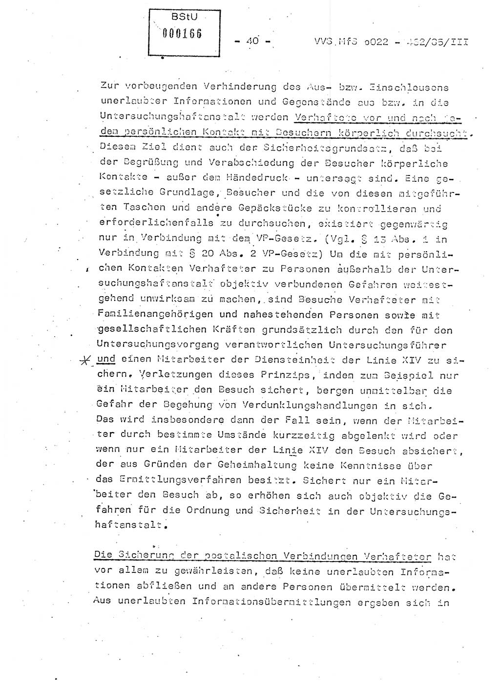 Der Untersuchungshaftvollzug im MfS, Schulungsmaterial Teil Ⅲ, Ministerium für Staatssicherheit [Deutsche Demokratische Republik (DDR)], Abteilung (Abt.) ⅩⅣ, Vertrauliche Verschlußsache (VVS) o022-462/85/Ⅲ, Berlin 1985, Seite 40 (Sch.-Mat. Ⅲ MfS DDR Abt. ⅩⅣ VVS o022-462/85/Ⅲ 1985, S. 40)