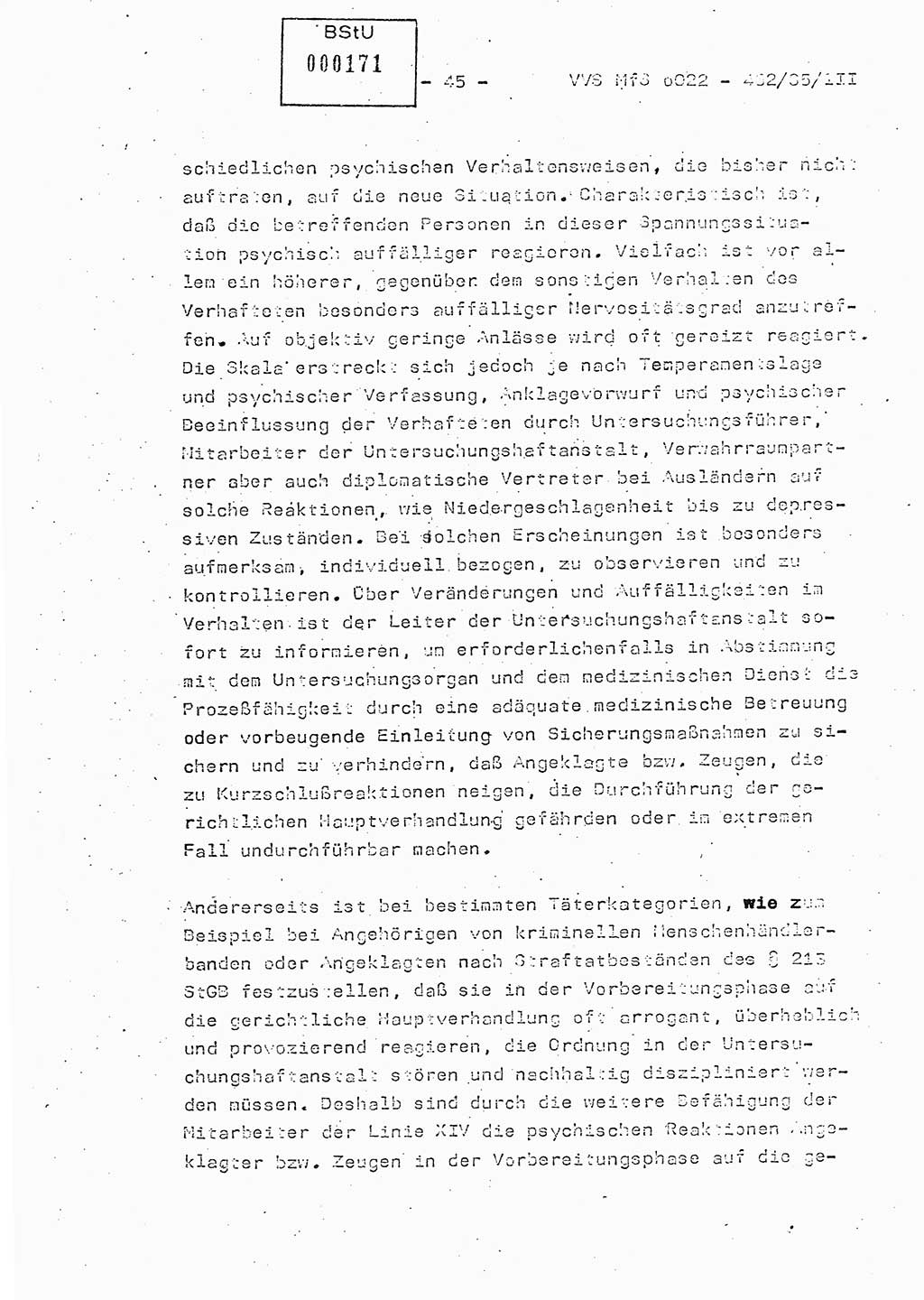 Der Untersuchungshaftvollzug im MfS, Schulungsmaterial Teil Ⅲ, Ministerium für Staatssicherheit [Deutsche Demokratische Republik (DDR)], Abteilung (Abt.) ⅩⅣ, Vertrauliche Verschlußsache (VVS) o022-462/85/Ⅲ, Berlin 1985, Seite 45 (Sch.-Mat. Ⅲ MfS DDR Abt. ⅩⅣ VVS o022-462/85/Ⅲ 1985, S. 45)