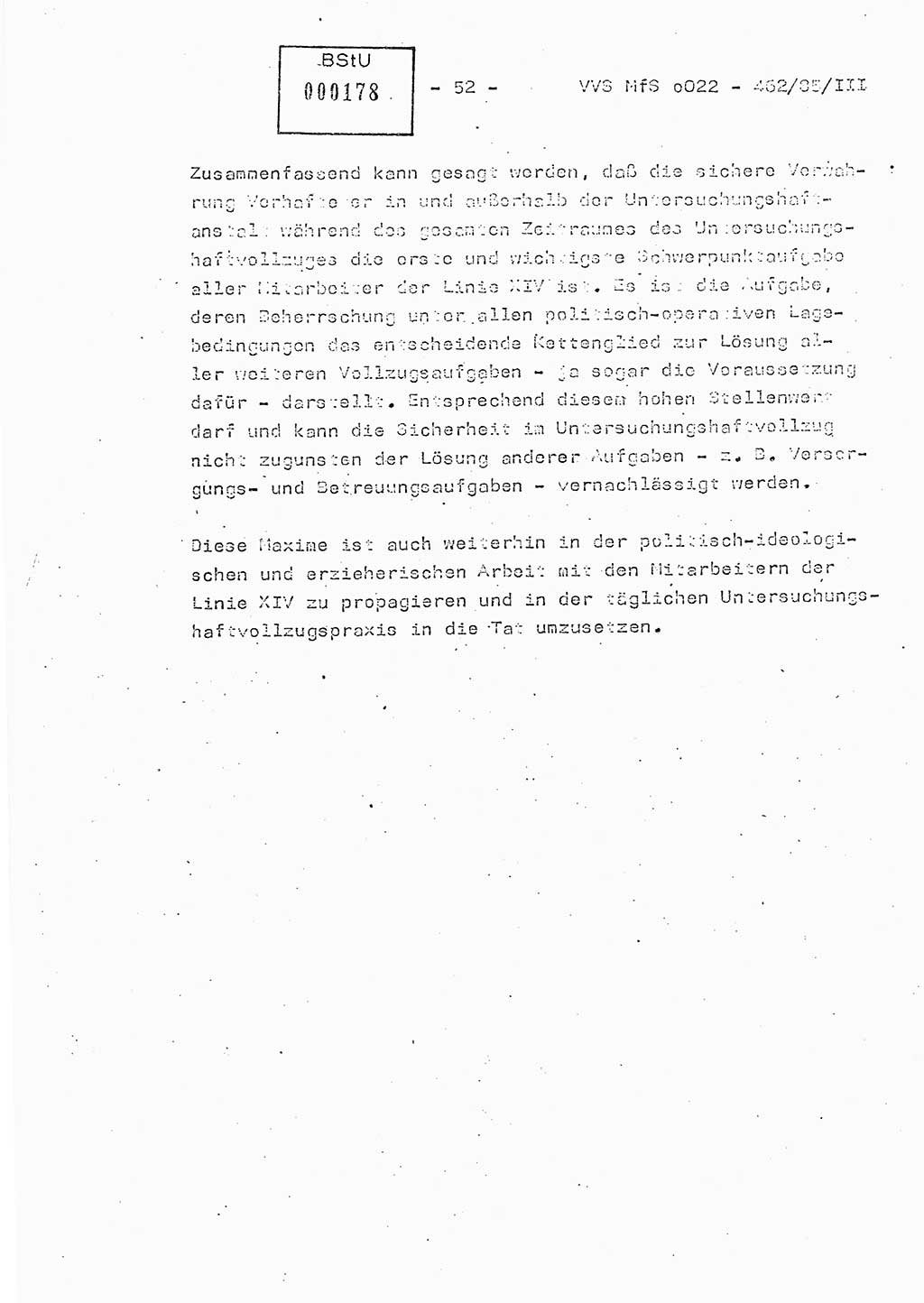 Der Untersuchungshaftvollzug im MfS, Schulungsmaterial Teil Ⅲ, Ministerium für Staatssicherheit [Deutsche Demokratische Republik (DDR)], Abteilung (Abt.) ⅩⅣ, Vertrauliche Verschlußsache (VVS) o022-462/85/Ⅲ, Berlin 1985, Seite 52 (Sch.-Mat. Ⅲ MfS DDR Abt. ⅩⅣ VVS o022-462/85/Ⅲ 1985, S. 52)