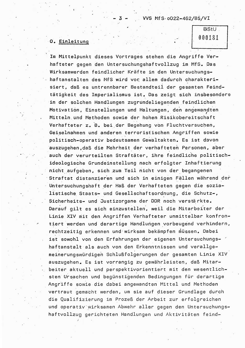 Der Untersuchungshaftvollzug im MfS, Schulungsmaterial Teil Ⅵ, Ministerium für Staatssicherheit [Deutsche Demokratische Republik (DDR)], Abteilung (Abt.) ⅩⅣ, Vertrauliche Verschlußsache (VVS) o022-462/85/Ⅵ, Berlin 1985, Seite 3 (Sch.-Mat. Ⅵ MfS DDR Abt. ⅩⅣ VVS o022-462/85/Ⅵ 1985, S. 3)