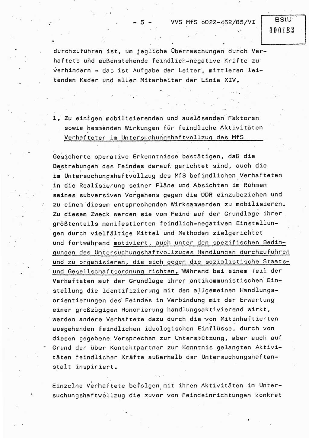 Der Untersuchungshaftvollzug im MfS, Schulungsmaterial Teil Ⅵ, Ministerium für Staatssicherheit [Deutsche Demokratische Republik (DDR)], Abteilung (Abt.) ⅩⅣ, Vertrauliche Verschlußsache (VVS) o022-462/85/Ⅵ, Berlin 1985, Seite 5 (Sch.-Mat. Ⅵ MfS DDR Abt. ⅩⅣ VVS o022-462/85/Ⅵ 1985, S. 5)
