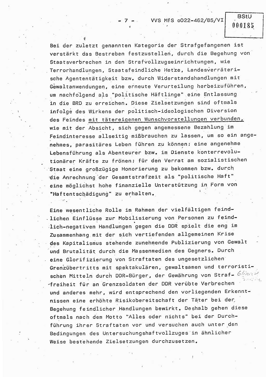 Der Untersuchungshaftvollzug im MfS, Schulungsmaterial Teil Ⅵ, Ministerium für Staatssicherheit [Deutsche Demokratische Republik (DDR)], Abteilung (Abt.) ⅩⅣ, Vertrauliche Verschlußsache (VVS) o022-462/85/Ⅵ, Berlin 1985, Seite 7 (Sch.-Mat. Ⅵ MfS DDR Abt. ⅩⅣ VVS o022-462/85/Ⅵ 1985, S. 7)