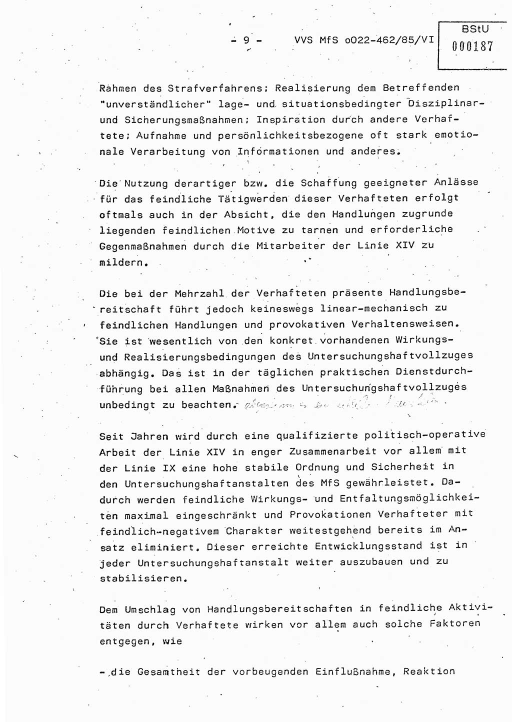 Der Untersuchungshaftvollzug im MfS, Schulungsmaterial Teil Ⅵ, Ministerium für Staatssicherheit [Deutsche Demokratische Republik (DDR)], Abteilung (Abt.) ⅩⅣ, Vertrauliche Verschlußsache (VVS) o022-462/85/Ⅵ, Berlin 1985, Seite 9 (Sch.-Mat. Ⅵ MfS DDR Abt. ⅩⅣ VVS o022-462/85/Ⅵ 1985, S. 9)