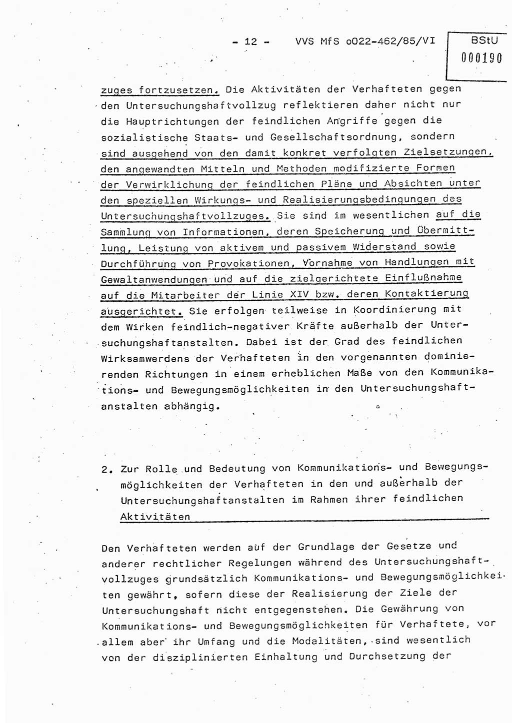 Der Untersuchungshaftvollzug im MfS, Schulungsmaterial Teil Ⅵ, Ministerium für Staatssicherheit [Deutsche Demokratische Republik (DDR)], Abteilung (Abt.) ⅩⅣ, Vertrauliche Verschlußsache (VVS) o022-462/85/Ⅵ, Berlin 1985, Seite 12 (Sch.-Mat. Ⅵ MfS DDR Abt. ⅩⅣ VVS o022-462/85/Ⅵ 1985, S. 12)